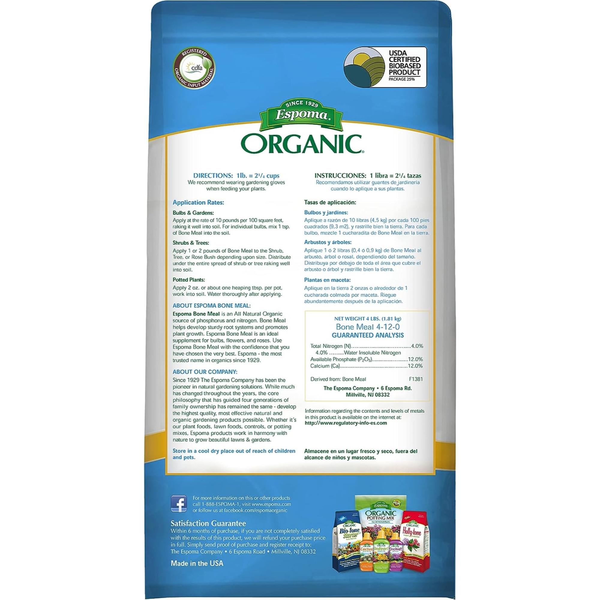 Espoma Organic Bone Meal 4-12-0 All-Natural Plant Food for Blooms and Roots, 4lb