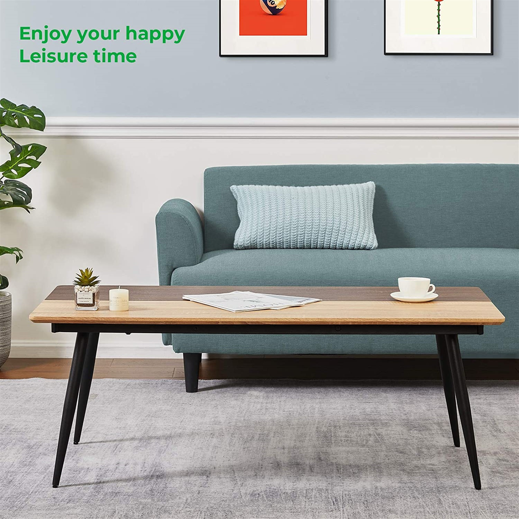 GreenForest Modern Two-Tone Color Coffee Table w/ Metal Legs for Living Room Furniture, 47"x 24", Brown