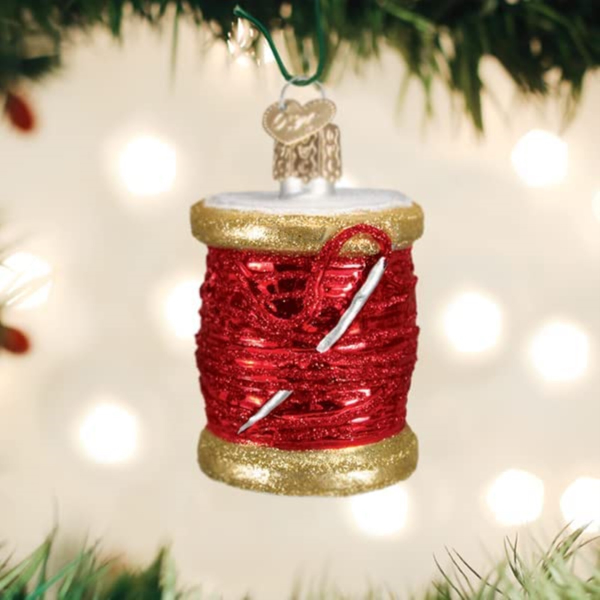 Old World Christmas Glass Blown Ornament for Christmas Tree, Red Spool of Thread