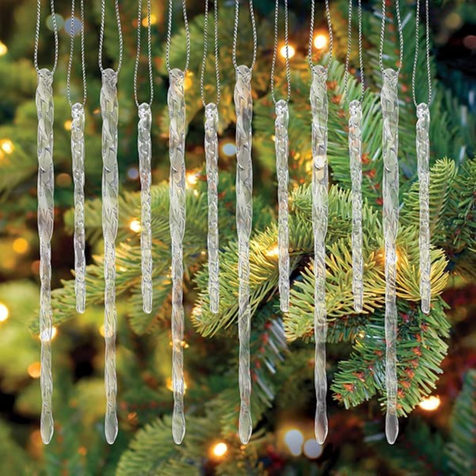 Old World Christmas Glass Blown Tree Ornament with OWC Gift Box, Clear Glass Icicle (24 piece set)