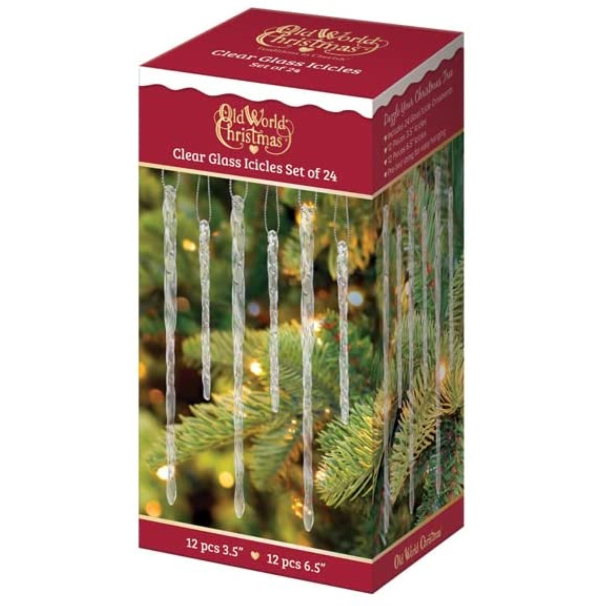 Old World Christmas Glass Blown Tree Ornament with OWC Gift Box, Clear Glass Icicle (24 piece set)