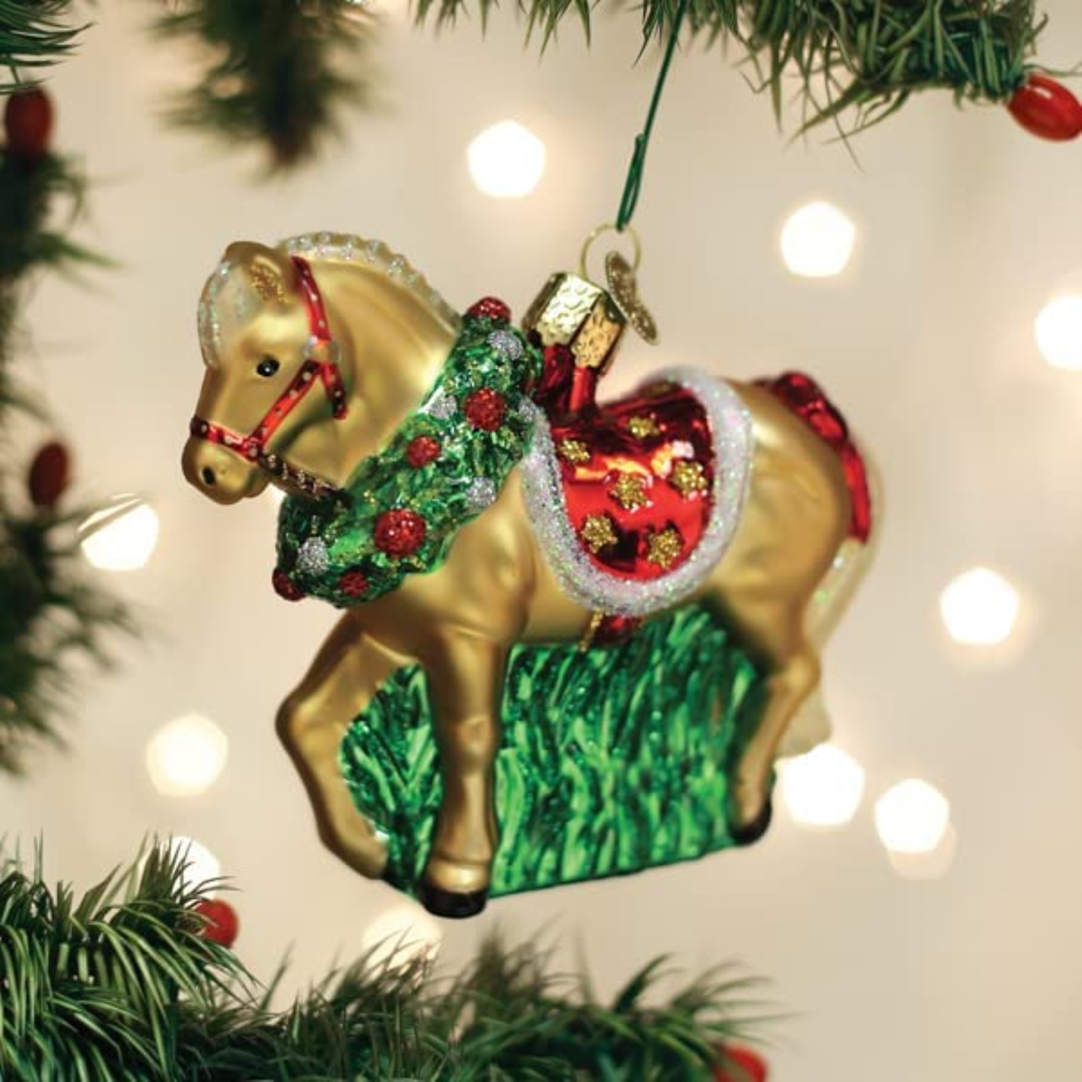 Old World Christmas Glass Blown Ornament for Christmas Tree, Horse with Wreath (With OWC Gift Box)