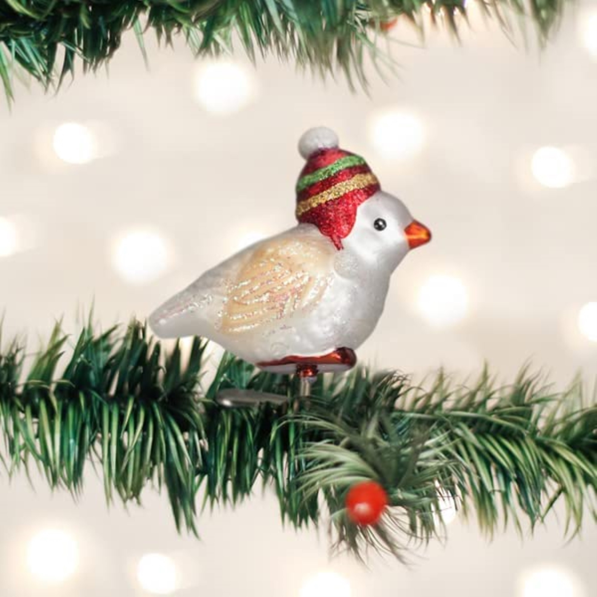 Old World Christmas Blown Glass Clip-On Ornament for Christmas Tree, Red Hat Snowbird