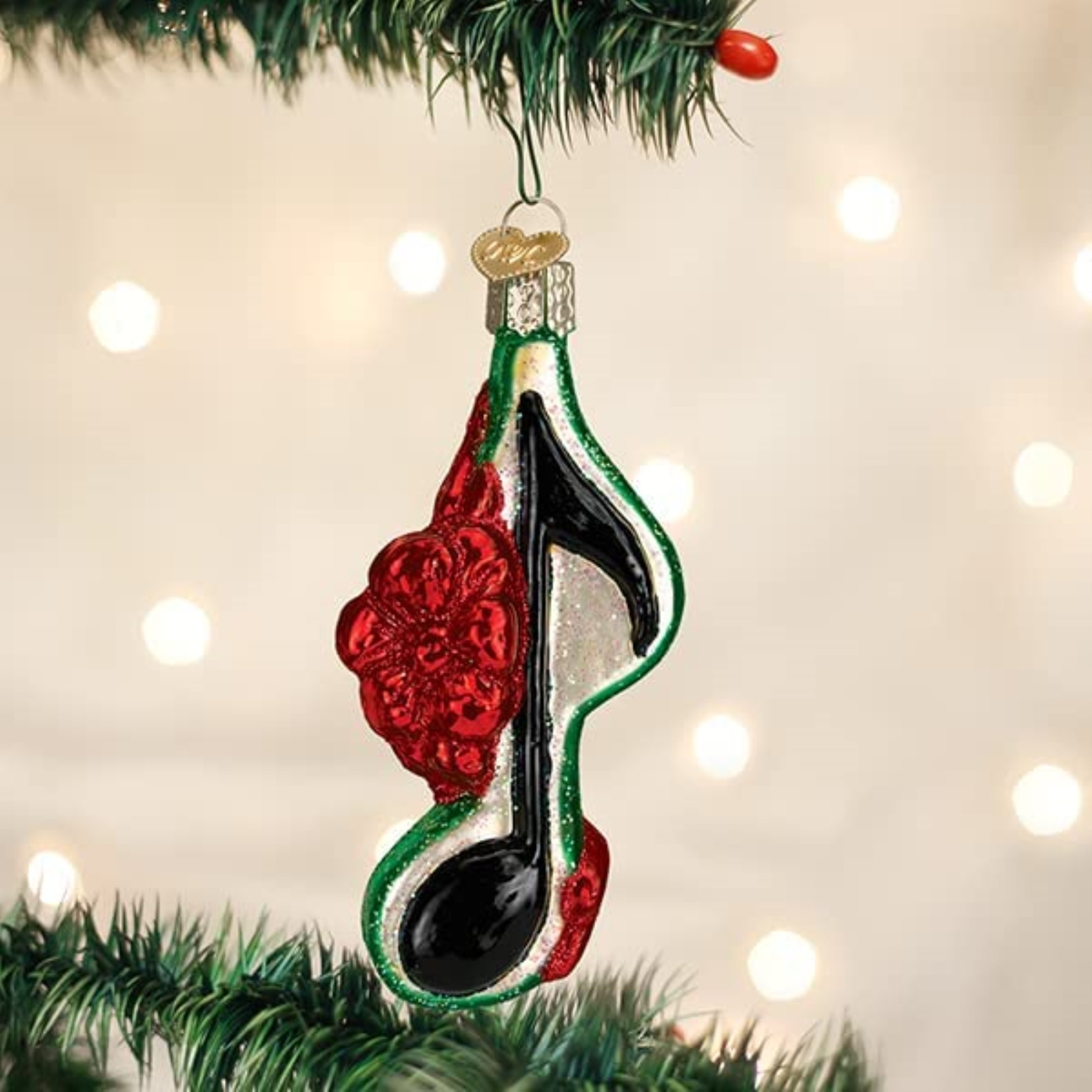 Old World Christmas Glass Blown Tree Ornament, Musical Note with Green Bow (With OWC Gift Box)