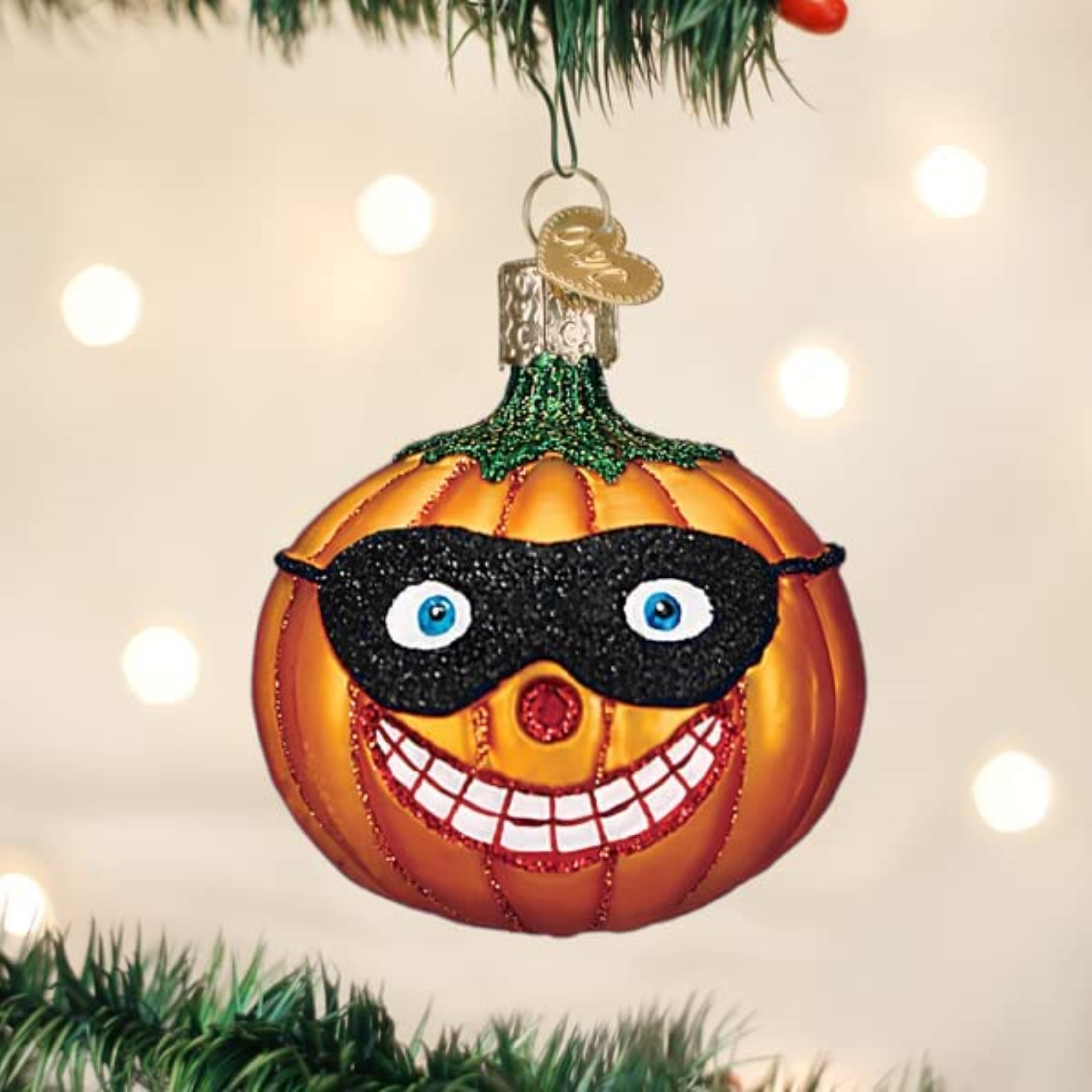 Old World Christmas Glass Blown Ornament, Masked Jolly Jack O'Lantern (With OWC Gift Box)