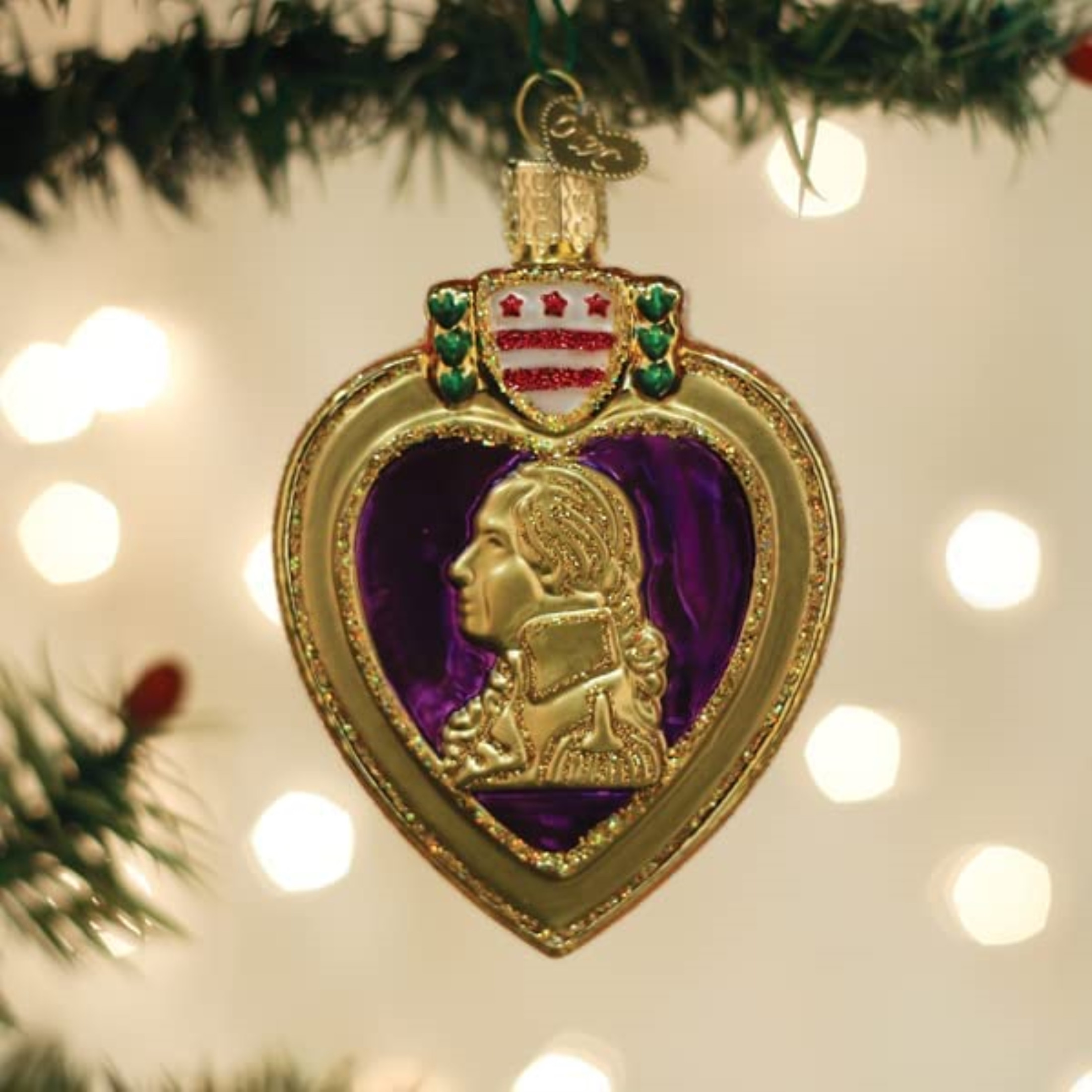 Old World Christmas Glass Blown Ornament for Christmas Tree, Purple Heart (With OWC Gift Box)