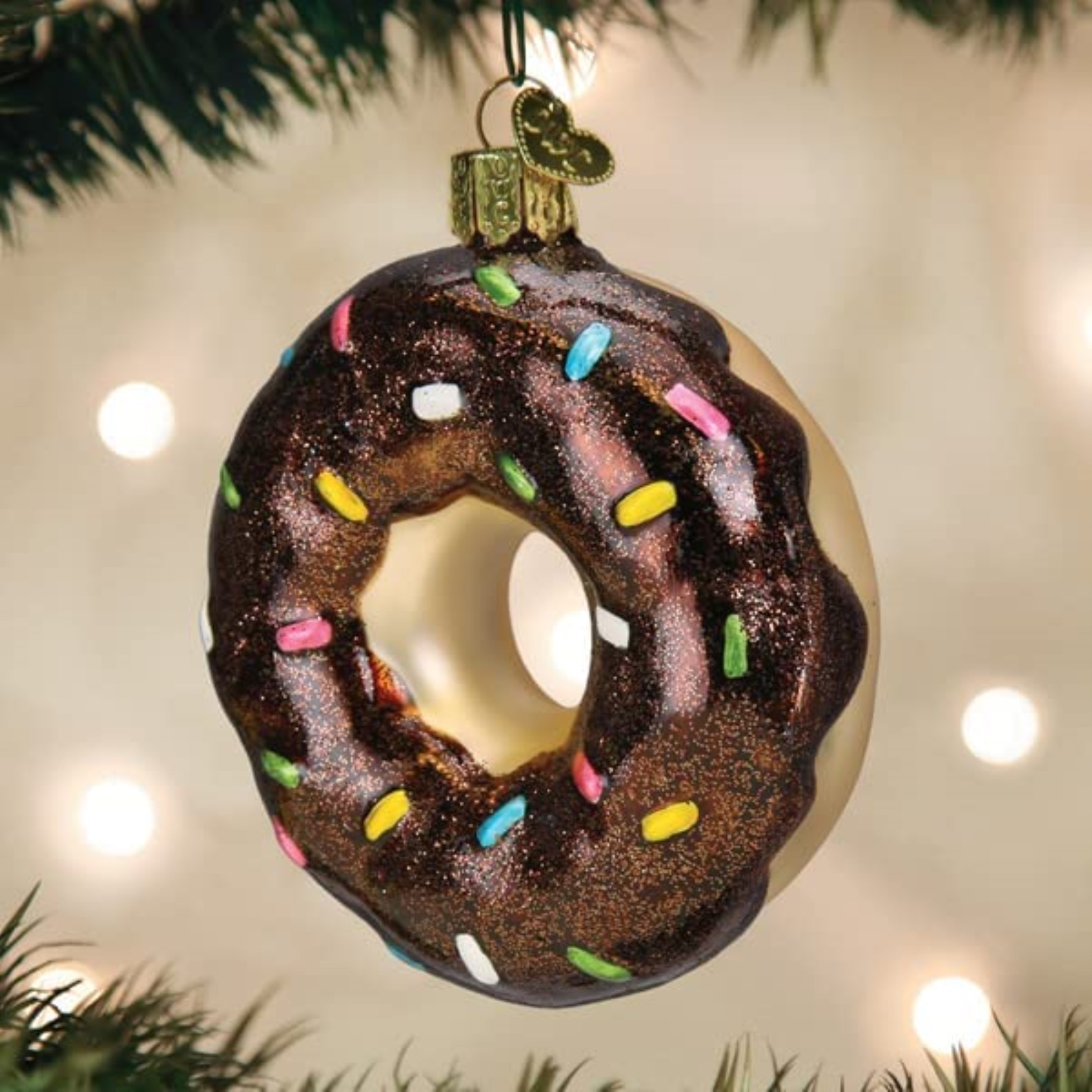 Old World Christmas Glass Blown Ornament Chocolate Frosted Donut (With OWC Gift Box)