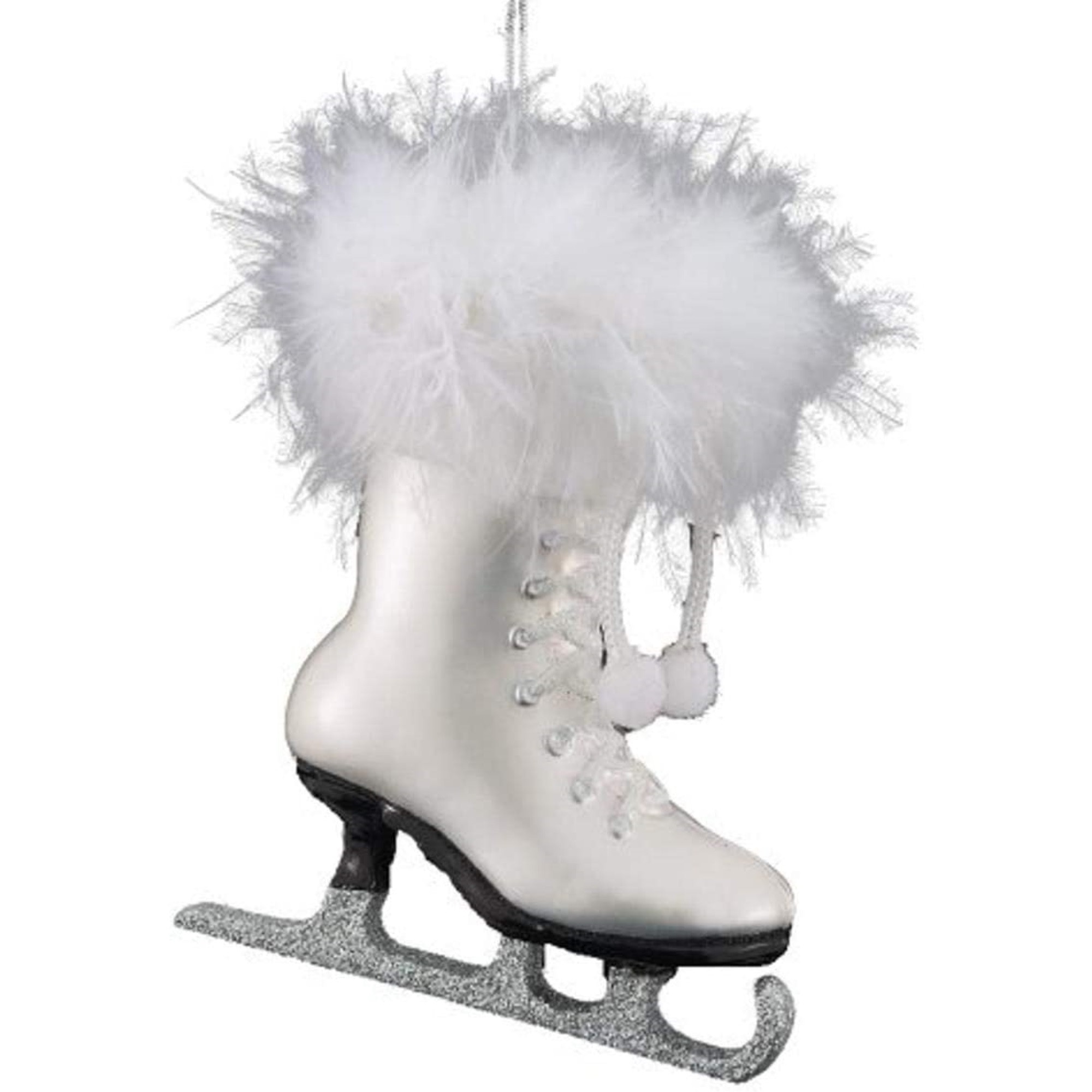 Kurt Adler Noble Gems Glass Ornament for Christmas Tree, White Ice Skate with Feathers