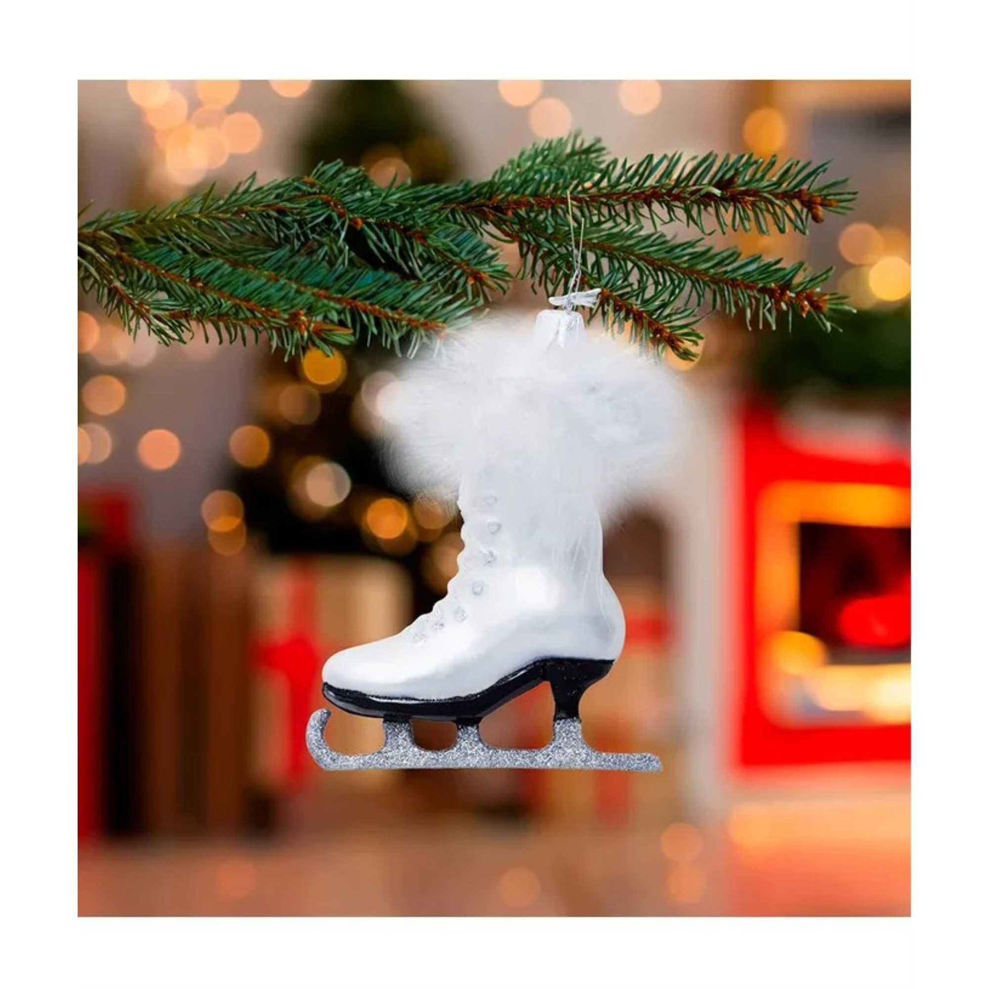 Kurt Adler Noble Gems Glass Ornament for Christmas Tree, White Ice Skate with Feathers