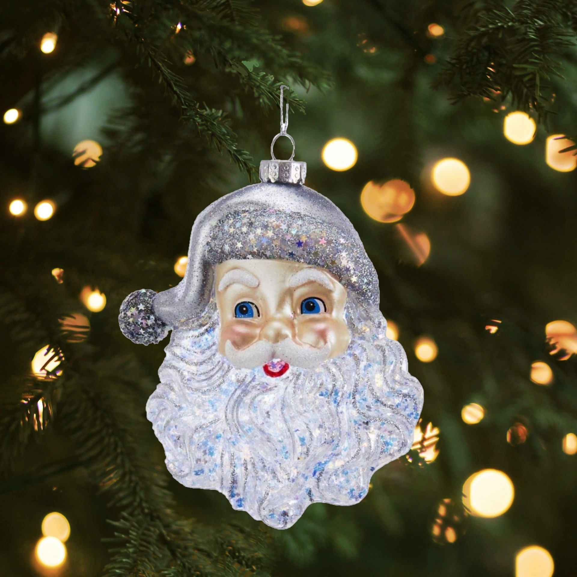 Kurt Adler Glass Ornament for Christmas Tree, Silver Santa Face