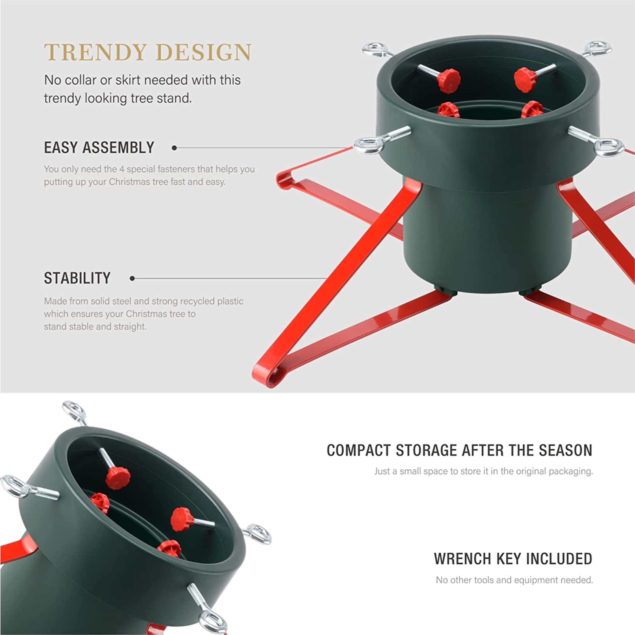 Tree Nest Large Trendy Christmas Tree Stand for Real Trees, Green/Red