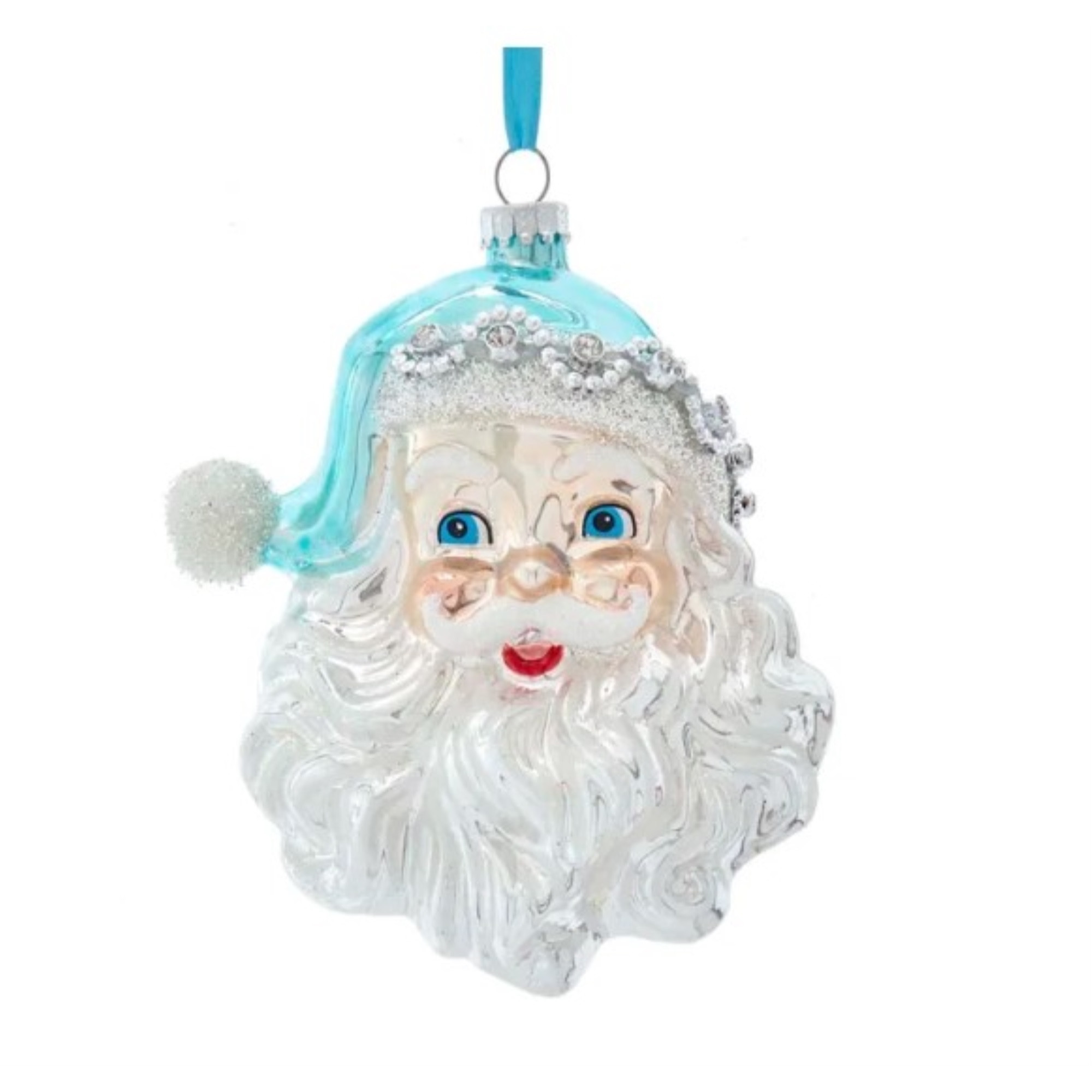 Kurt Adler Glass Christmas Tree Ornament, Santa Head, Blue and Silver