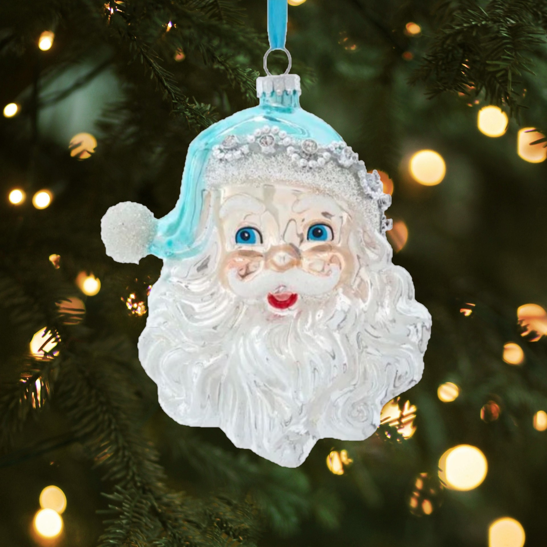 Kurt Adler Glass Christmas Tree Ornament, Santa Head, Blue and Silver