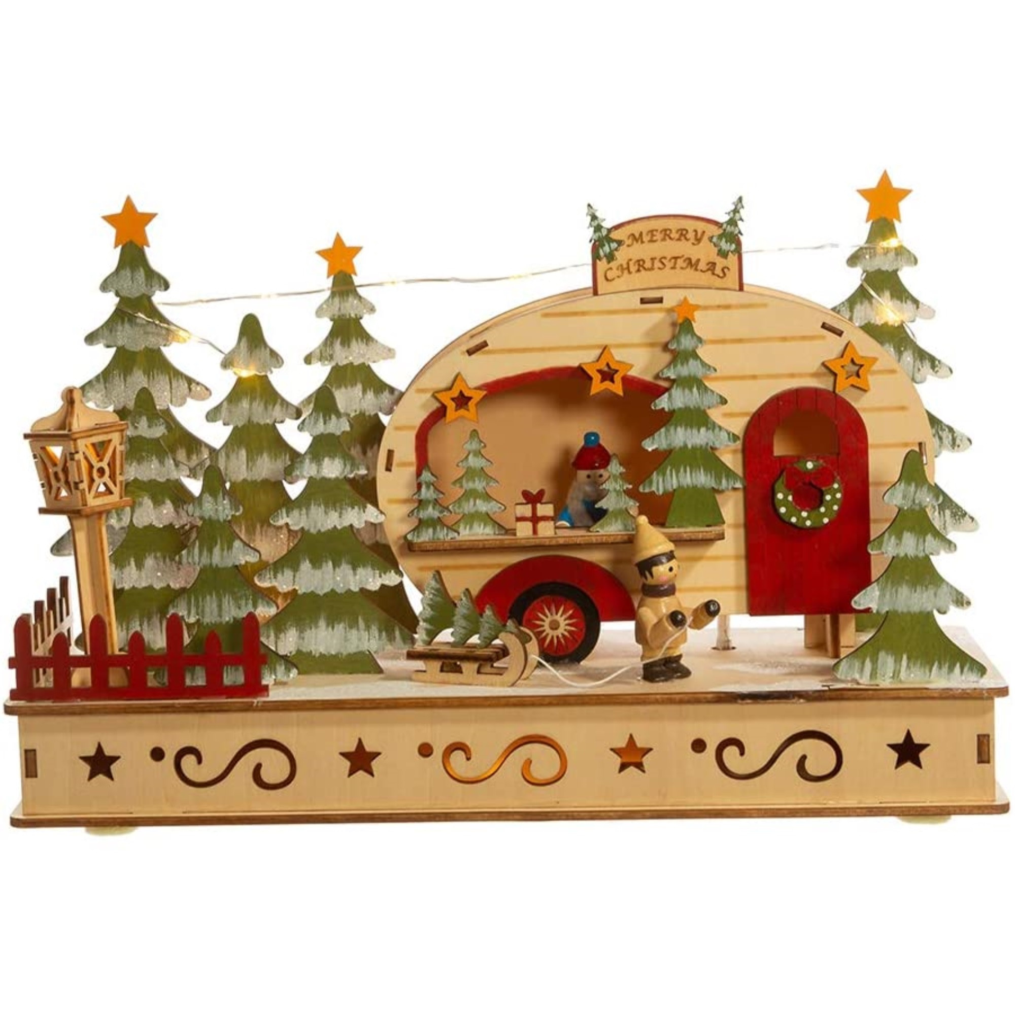 Kurt Adler Battery-Operated Wooden LED Lighted Tabletop Decoration, Camping Scene, 7"