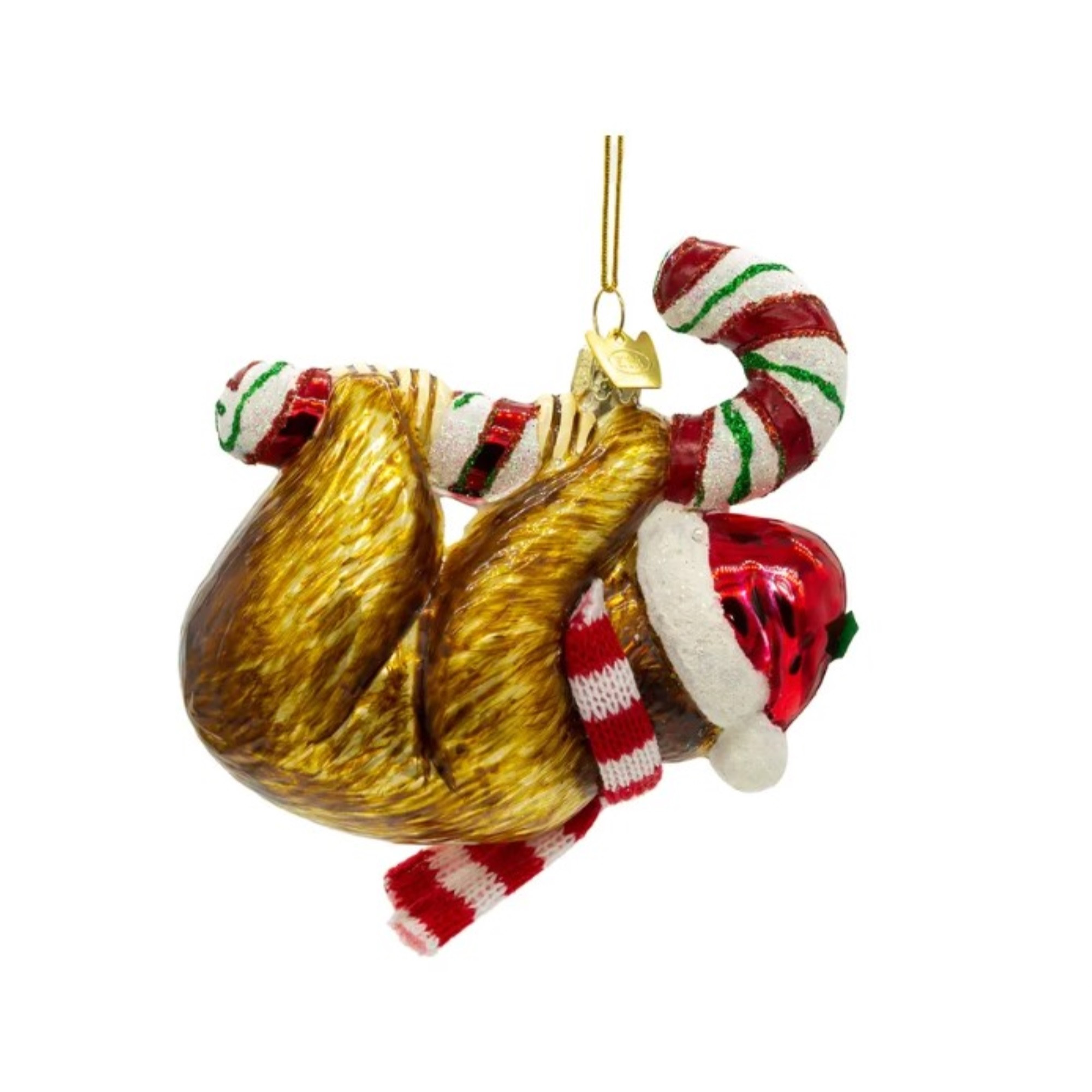 Kurt Adler Noble Gems Glass Ornament for Christmas Tree, Sloth with Candy Cane