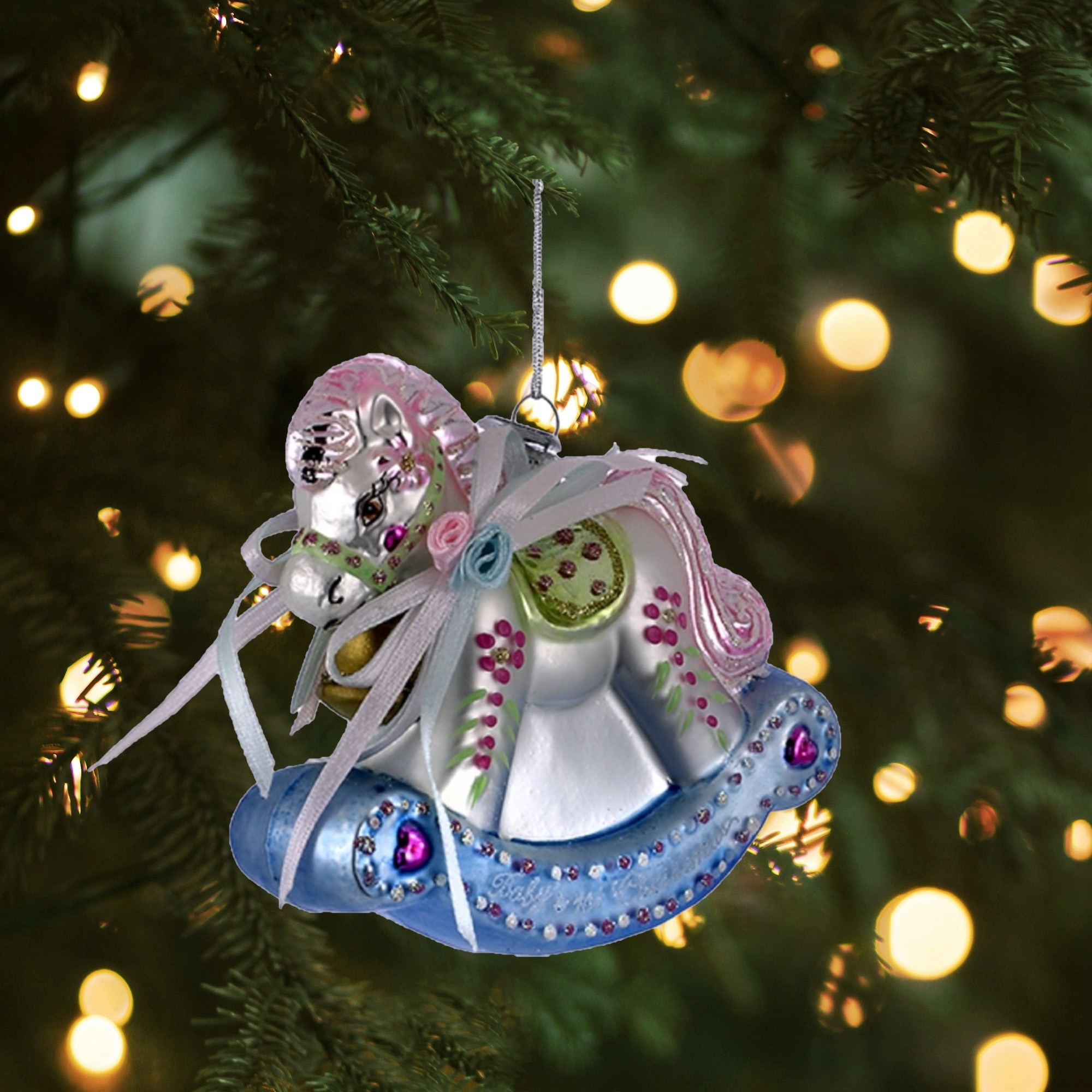 Kurt Adler Noble Gems Glass Ornament for Christmas Tree, Baby's First Christmas Rocking Horse