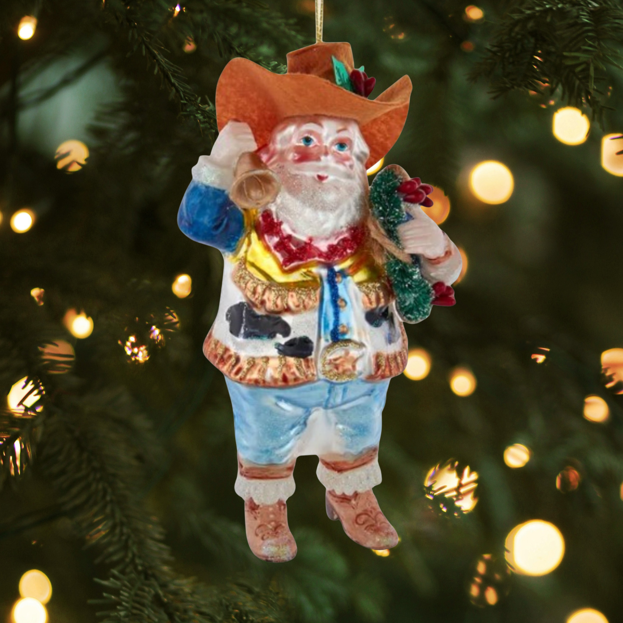 Kurt Adler Glass Ornament for Christmas Tree, Cowboy Santa