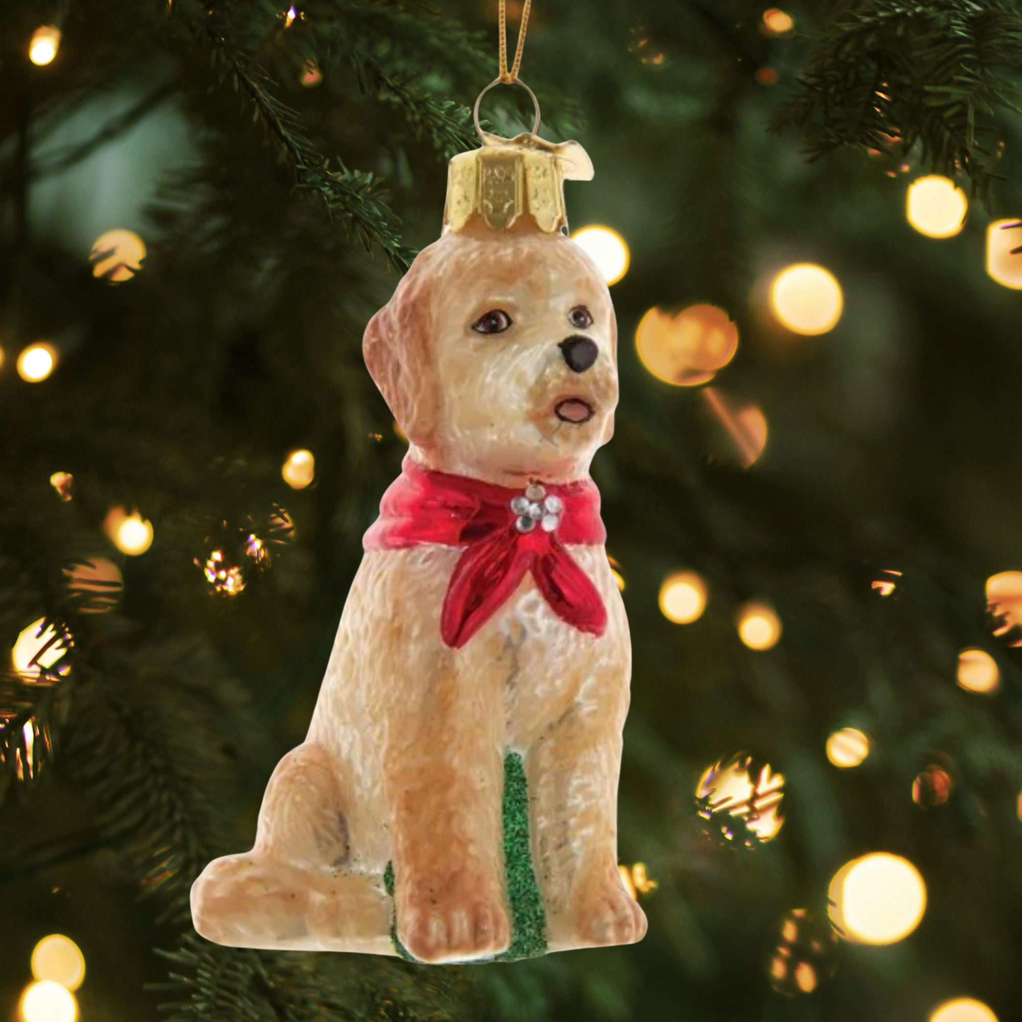 Kurt Adler Noble Gems Glass Ornament for Christmas Tree, Goldendoodle with Red Scarf