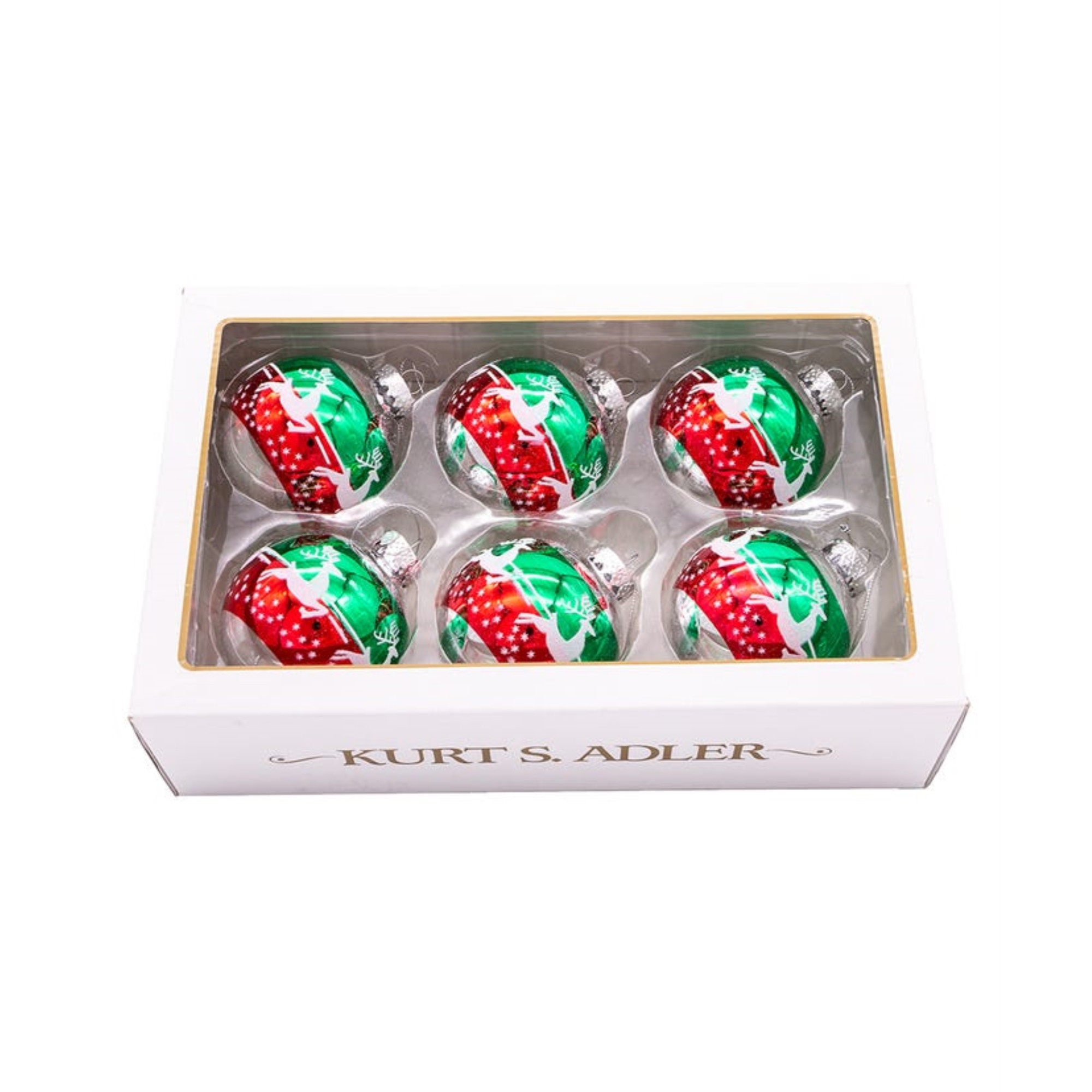 Kurt Adler Glass Ball Ornaments, Reindeer Design, Red and Green, 6-Piece Set