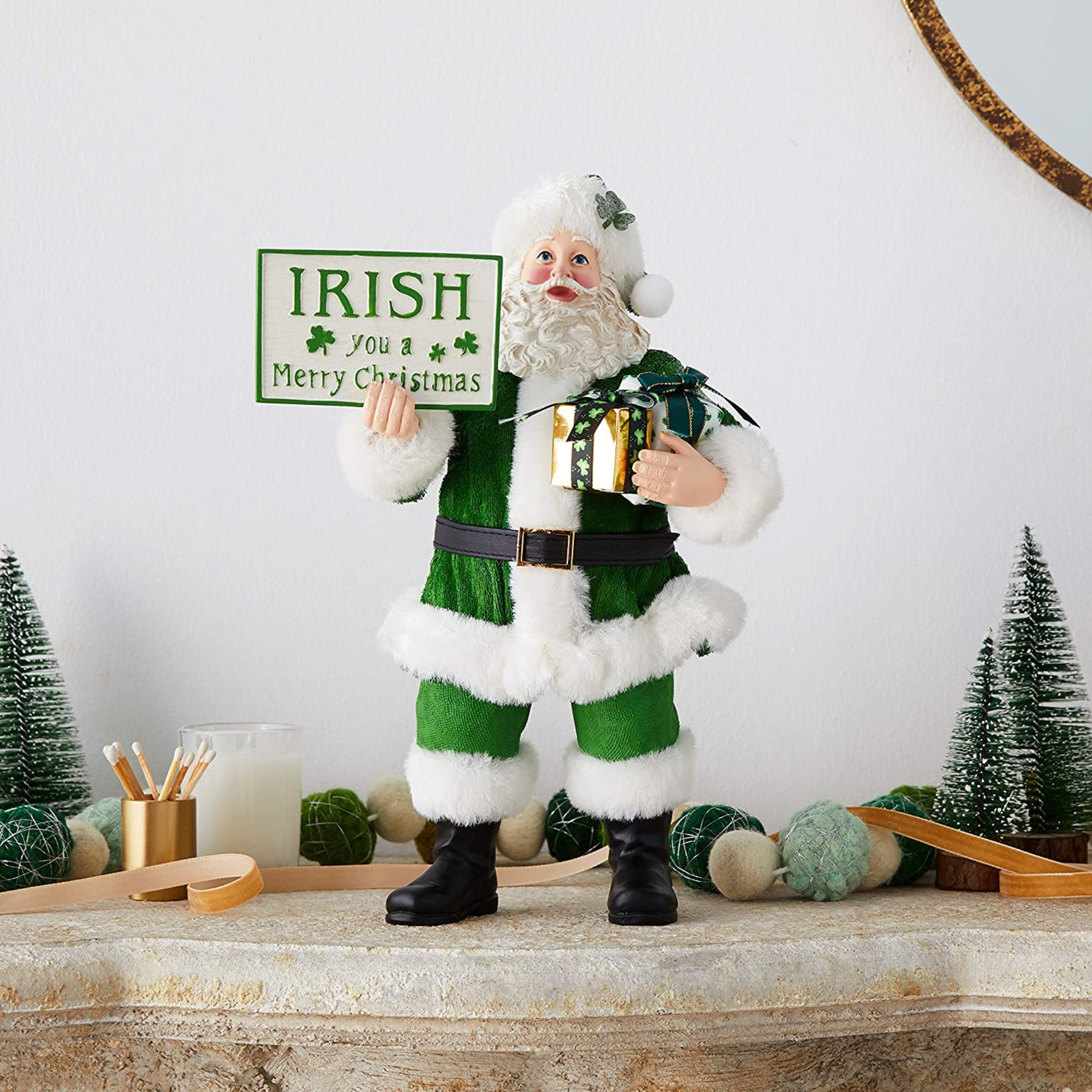 Kurt S. Adler Fabriche Musical Irish Gift Box and Sign Santa Christmas Figurine, 10.5"
