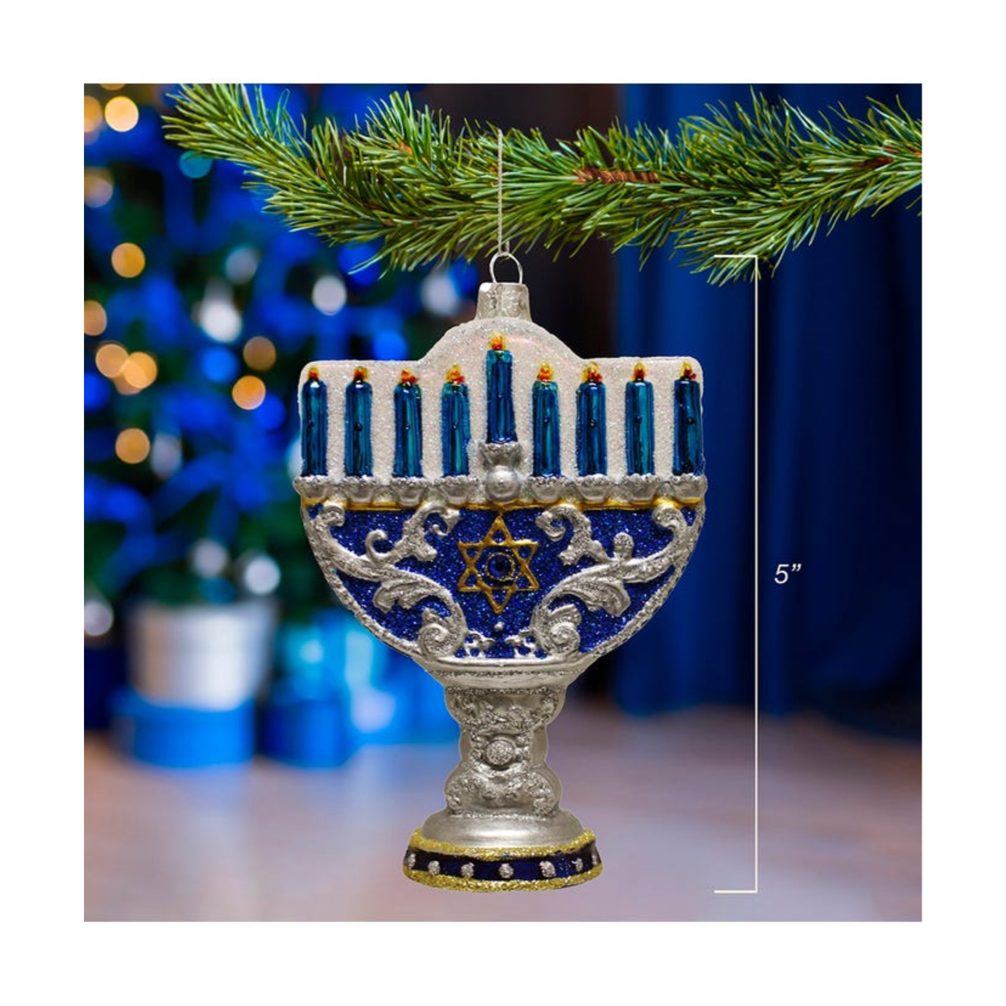 Kurt Adler Noble Gems Glass Ornament for Christmas Tree, Happy Hanukkah Lights