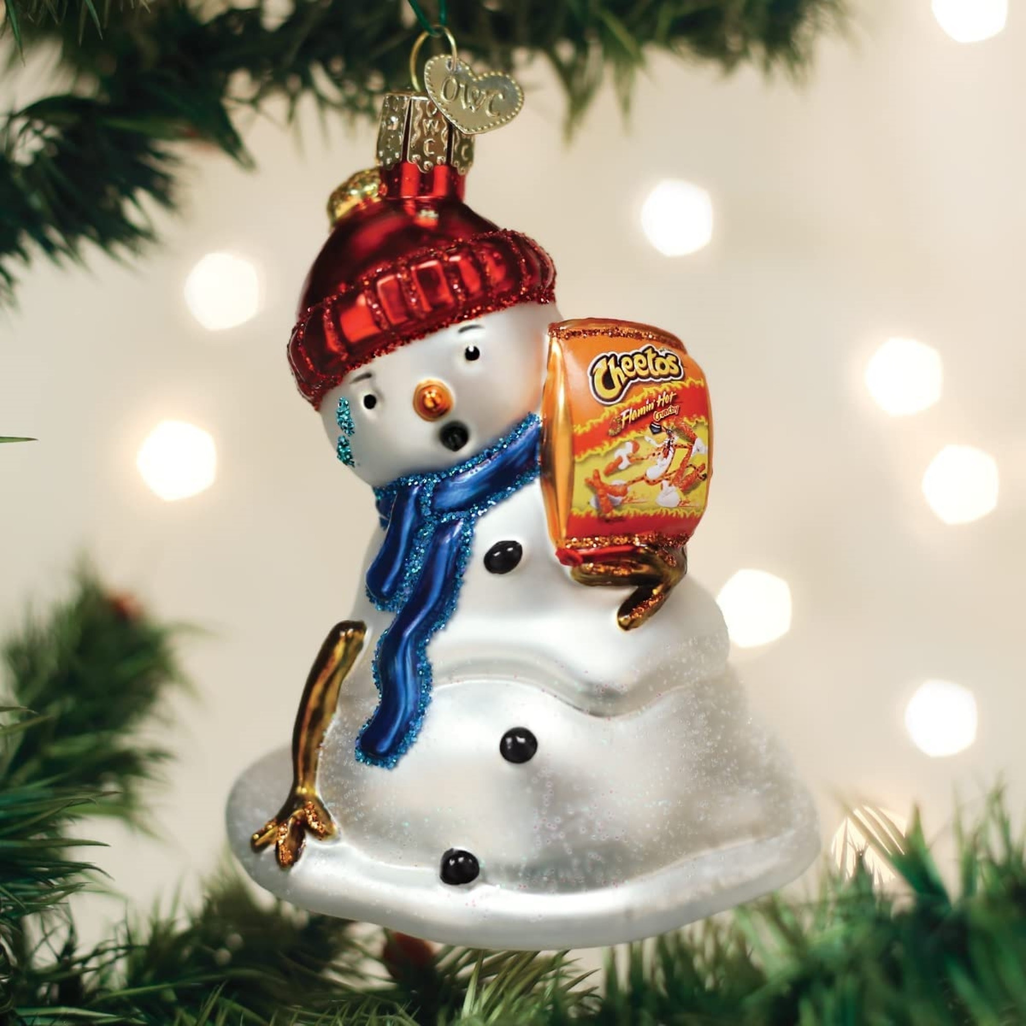 Old World Christmas Glass Blown Ornament for Christmas Tree, Flamin Hot Cheetos Snowman