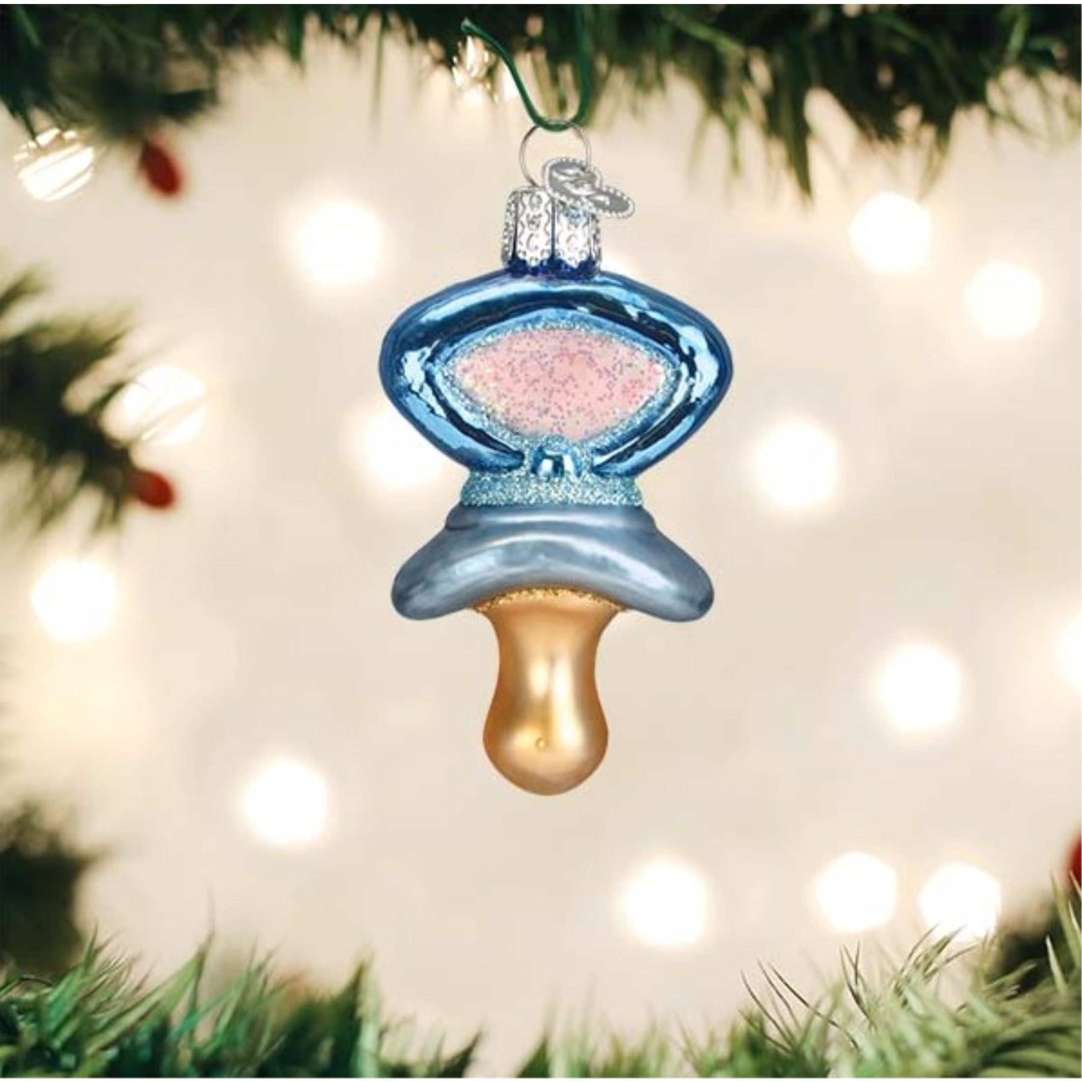Old World Christmas Blown Glass Ornament for Christmas Tree, Blue Pacifier Old World Christmas Blown Glass Ornament for Christmas Tree, Blue Pacifier