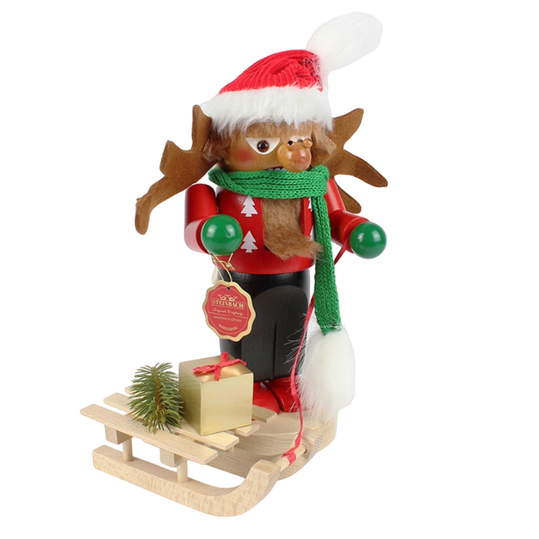 Kurt Adler Steinbach Wooden Chubby Nutcracker, Rudolph with Sleigh, 10.5"