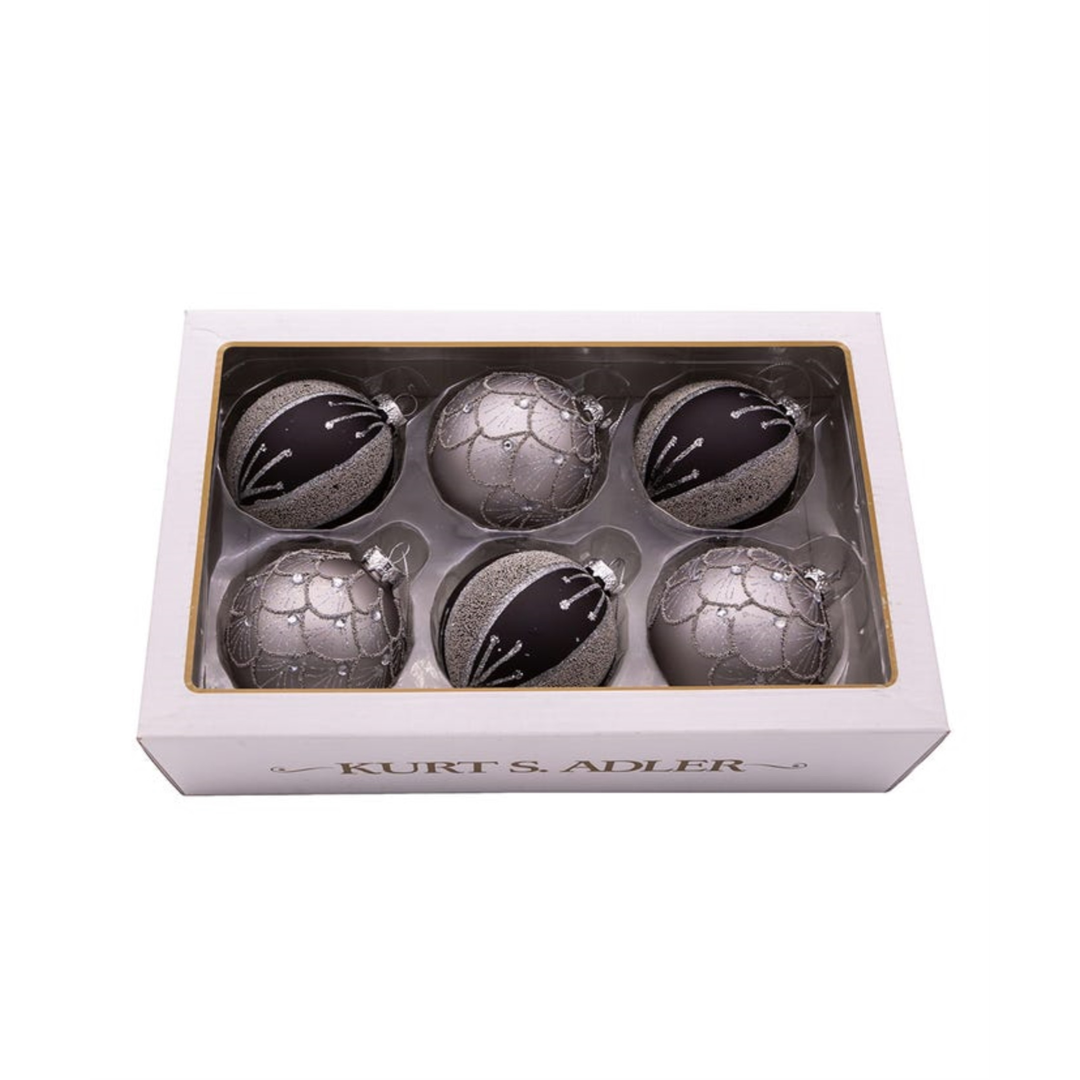Kurt Adler Ornaments For Christmas Tree, Silver/Black Jeweled Glass Balls, 80 MM Diameter, 6 Piece