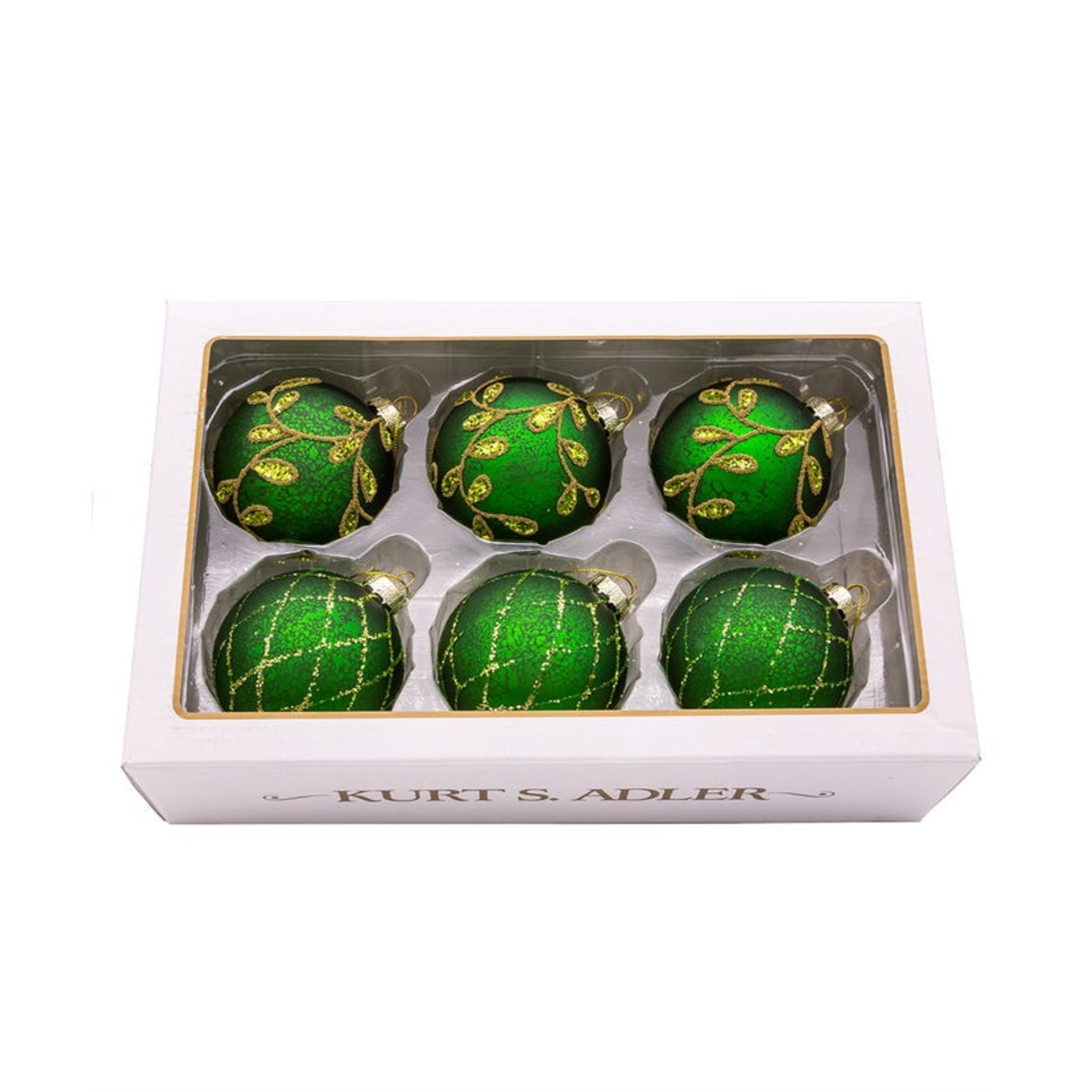 Kurt Adler Glass Ball Ornaments, Embellish, Green and Gold, (Pack of 6)