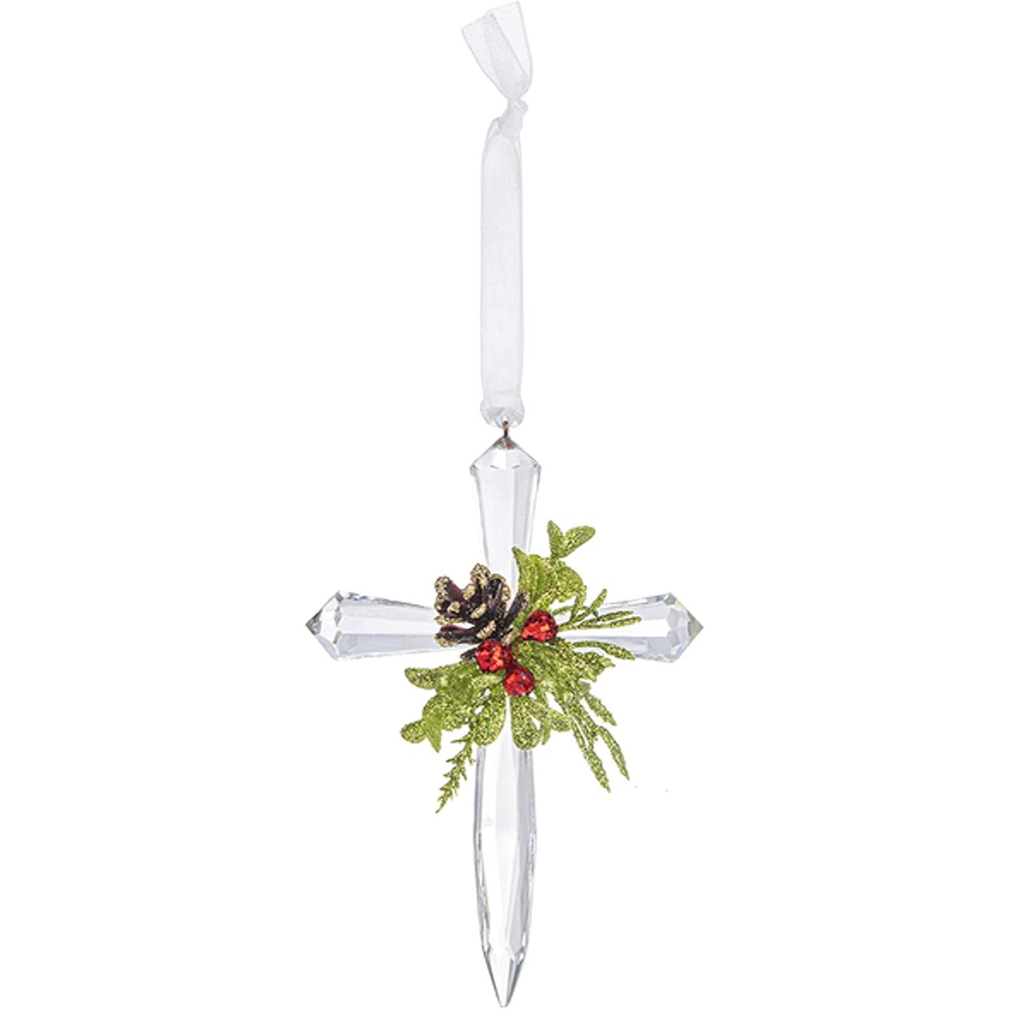 Ganz Mini Acrylic Ornament for Christmas Tree, Cross with Mistletoe, 4.5"