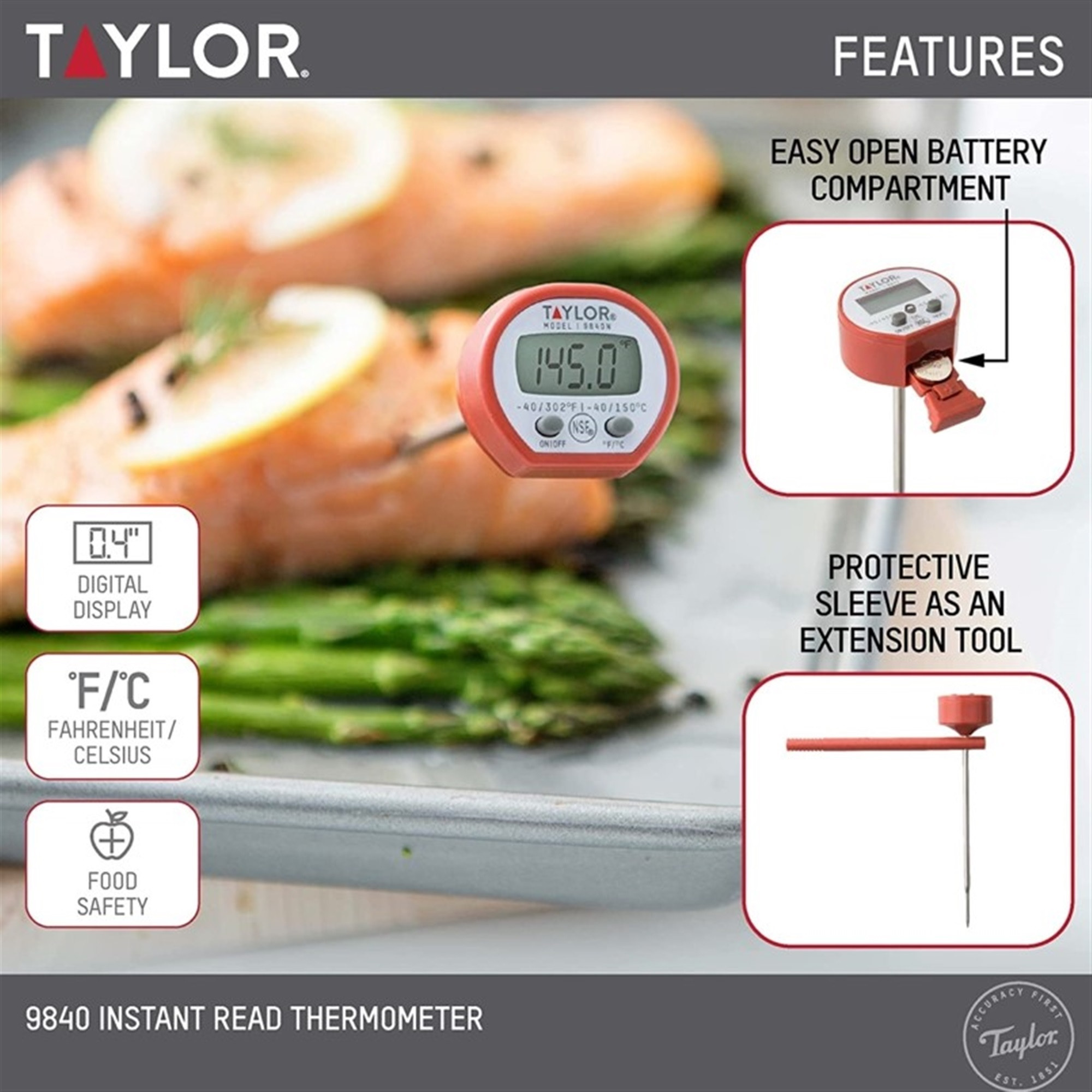Taylor Precision Products Instant Read Digital Meat Food Grill BBQ Cooking Kitchen Thermometer, Comes with Pocket Sleeve Clip, Red