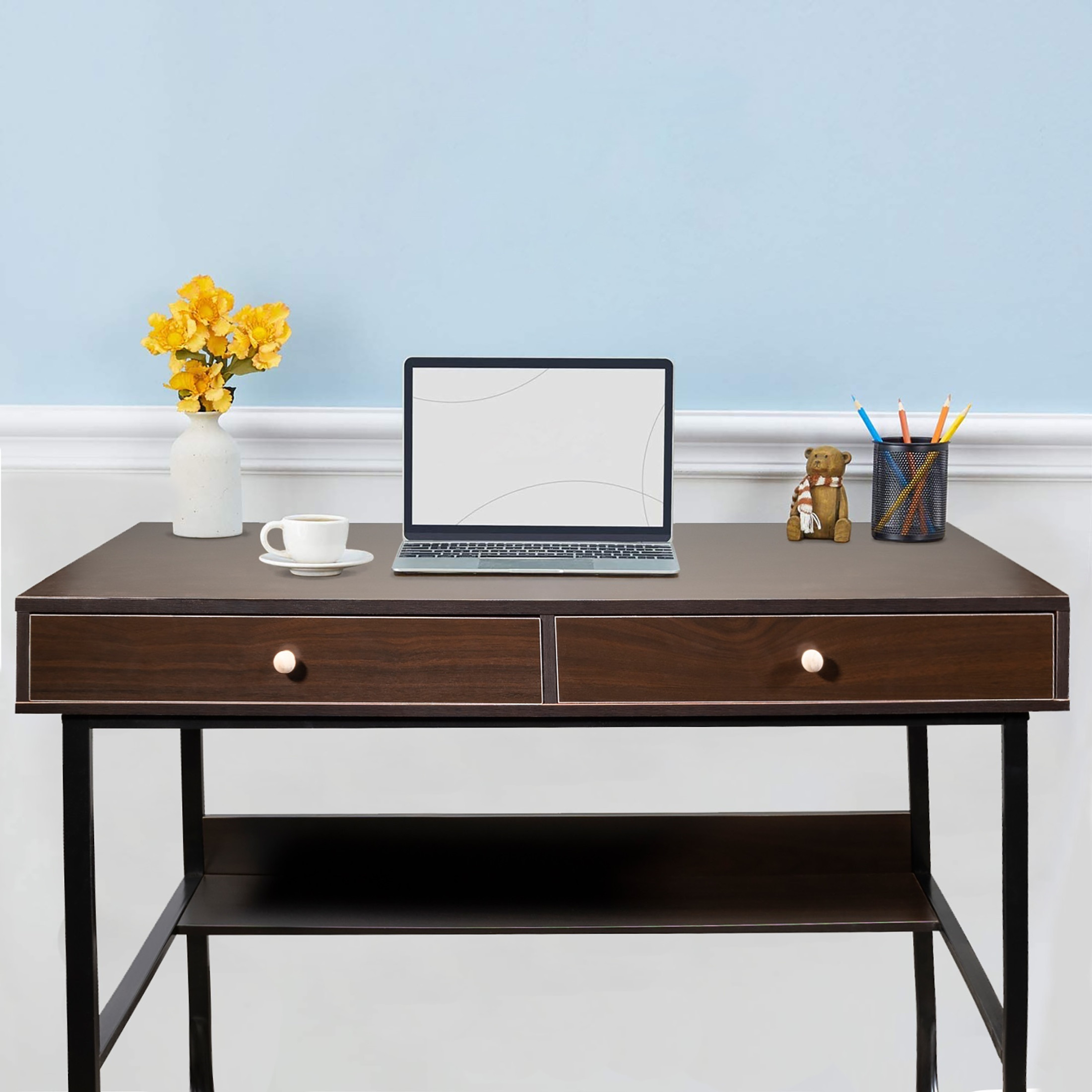 Interior Elements Wooden Writing Desk with Drawers – Home Office Computer Study Table, Brown, 47" Interior Elements Wooden Writing Desk with Drawers – Home Office Computer Study Table, Brown, 47"