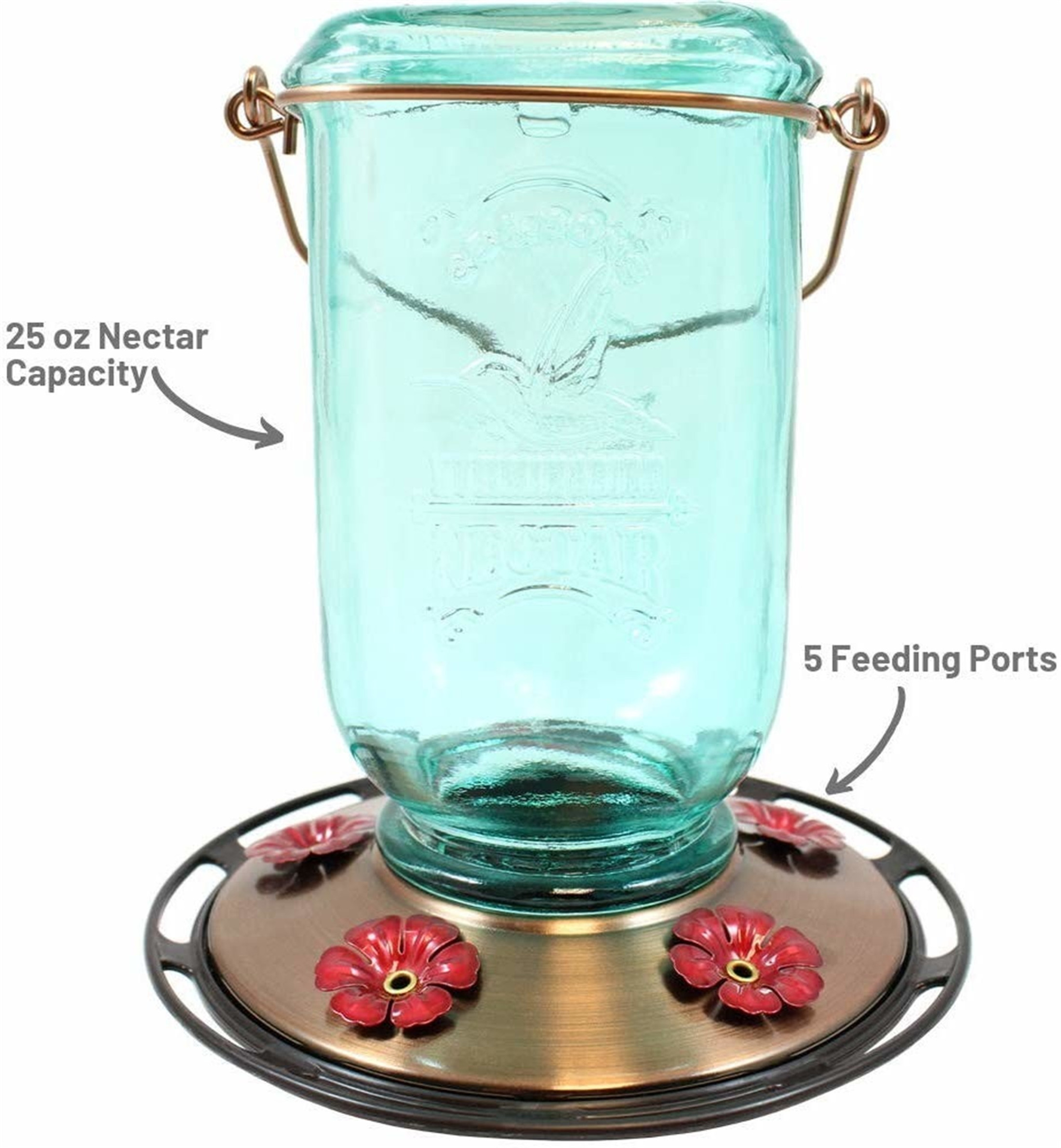 More Birds Rustic Glass Mason Jar Hummingbird Feeder, 25 oz Nectar Cap, Aqua