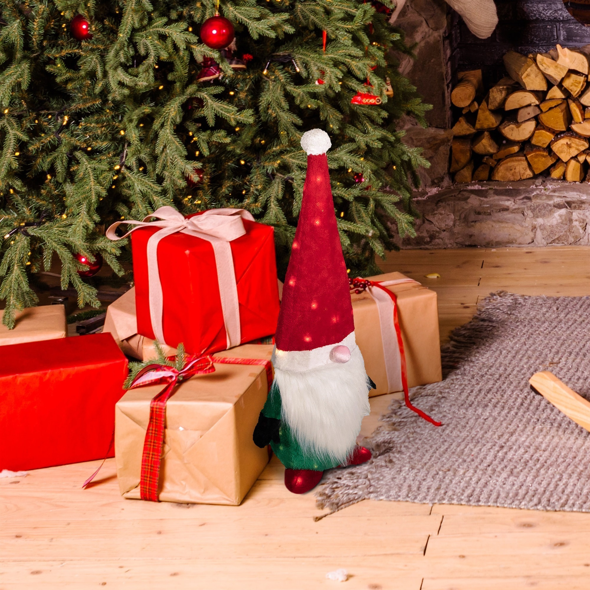 Good Tidings Indoor Plush Gnome Santa Christmas Decoration, 50 Twinkling Lights, 35"