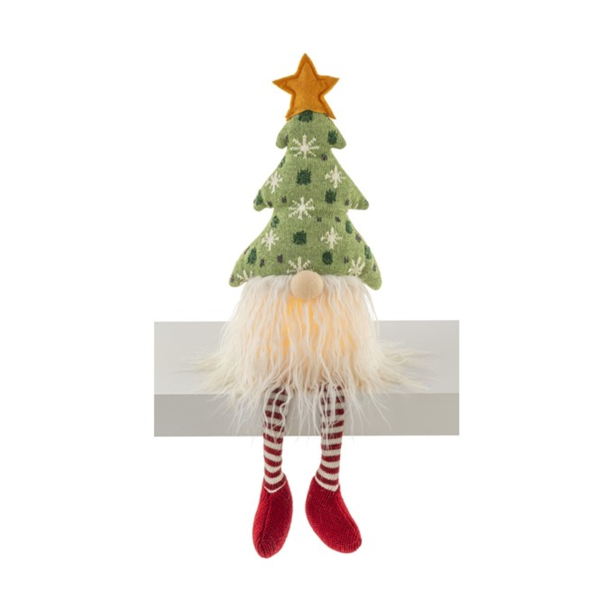 Ganz Christmas Indoor Decor, Gnome Shelf Sitter with LED Light-Up Beard & Knitted Tree Hat, 22"
