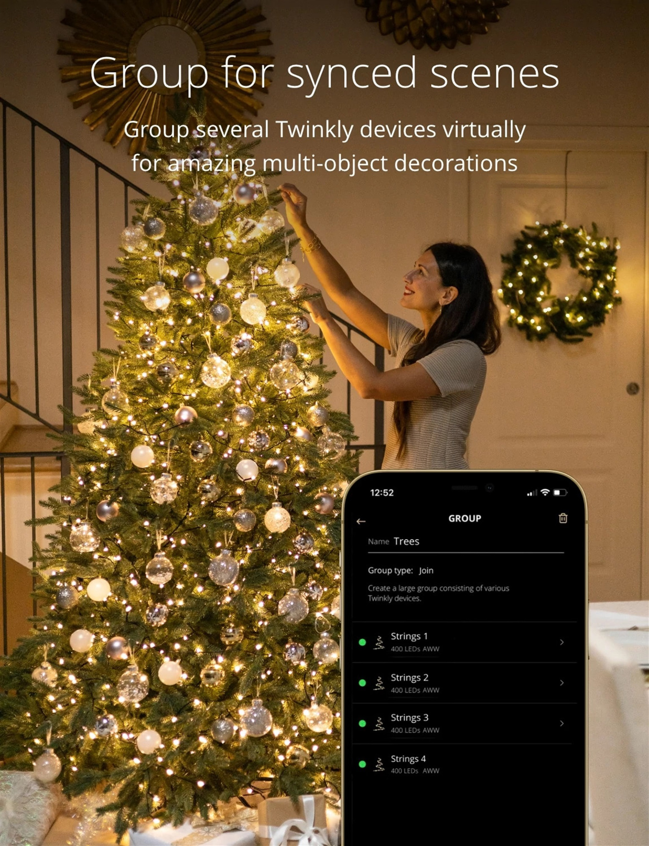 Twinkly Strings App Controlled Green Wire Christmas Light String Indoor and Outdoor Smart Home Lighting Decoration, Gold and Silver AWW LED