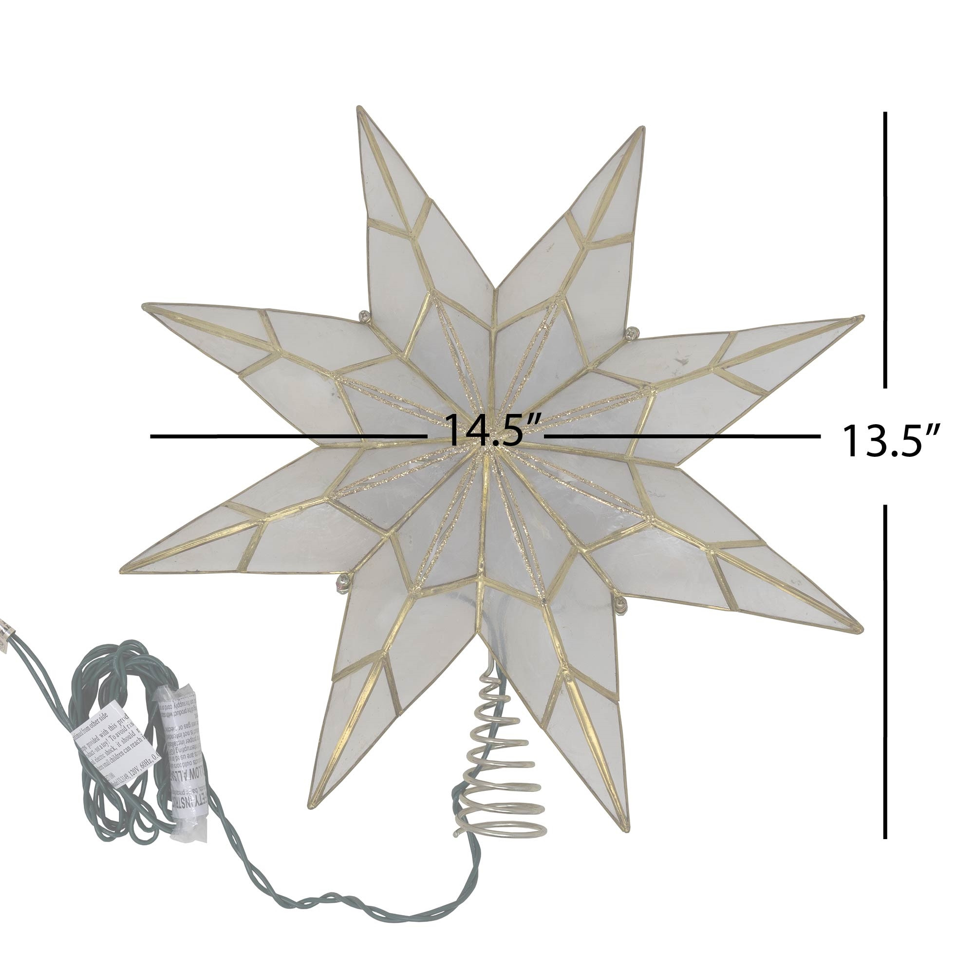 Kurt Adler Indoor 8-Point Capiz Star Treetop—10 Incandescent Lights, Gold, 14"