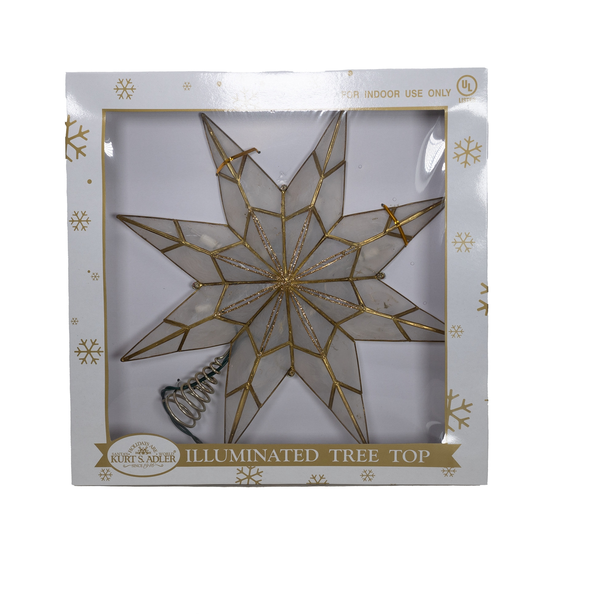 Kurt Adler Indoor 8-Point Capiz Star Treetop—10 Incandescent Lights, Gold, 14"