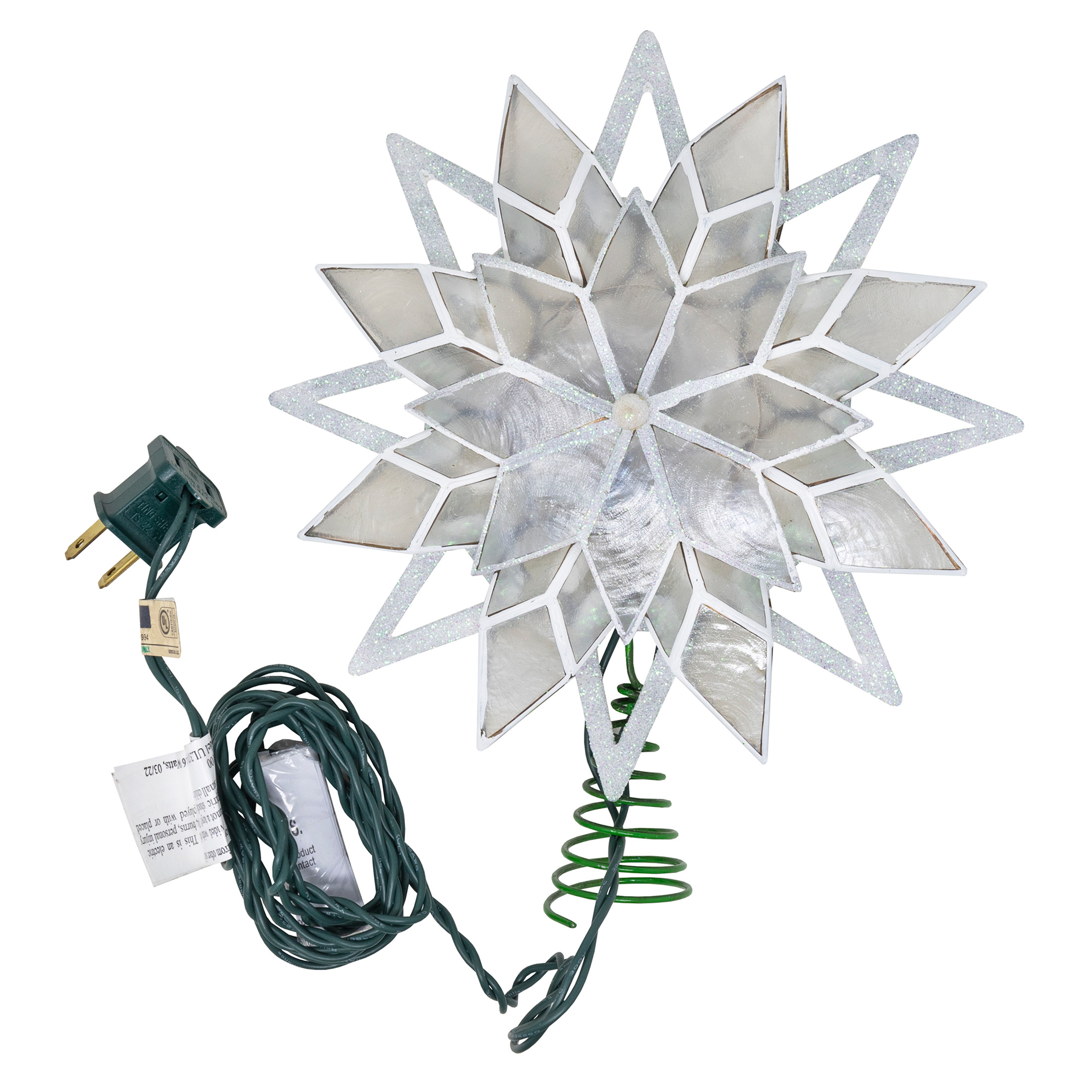 Kurt Adler 10-Light Capiz Treetop, White Glittered Star, 9.5"