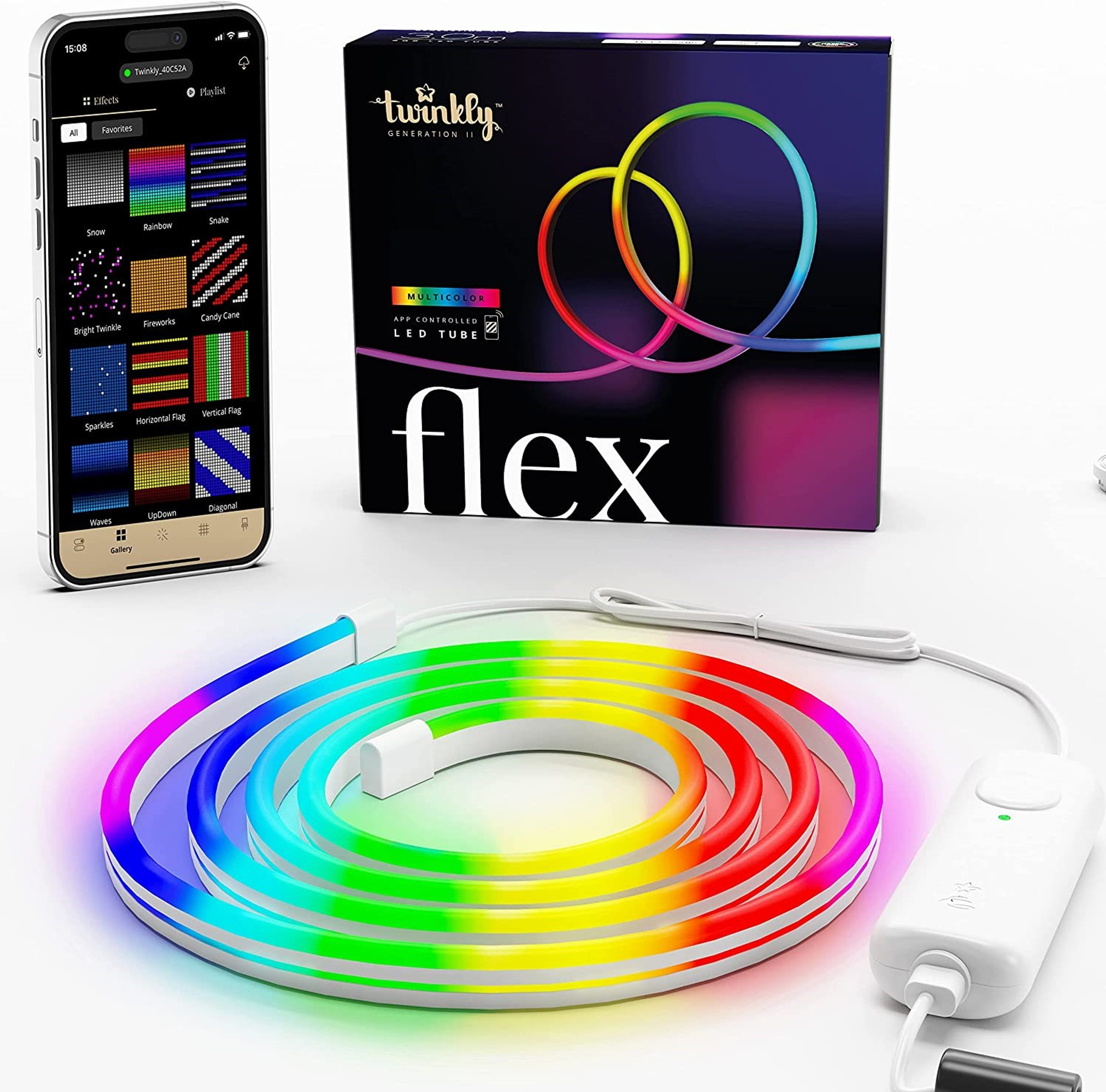 Twinkly Flex App Controlled Flexible White Wire Light Tube Indoor Smart Home Decoration, Multicolor RGB LED
