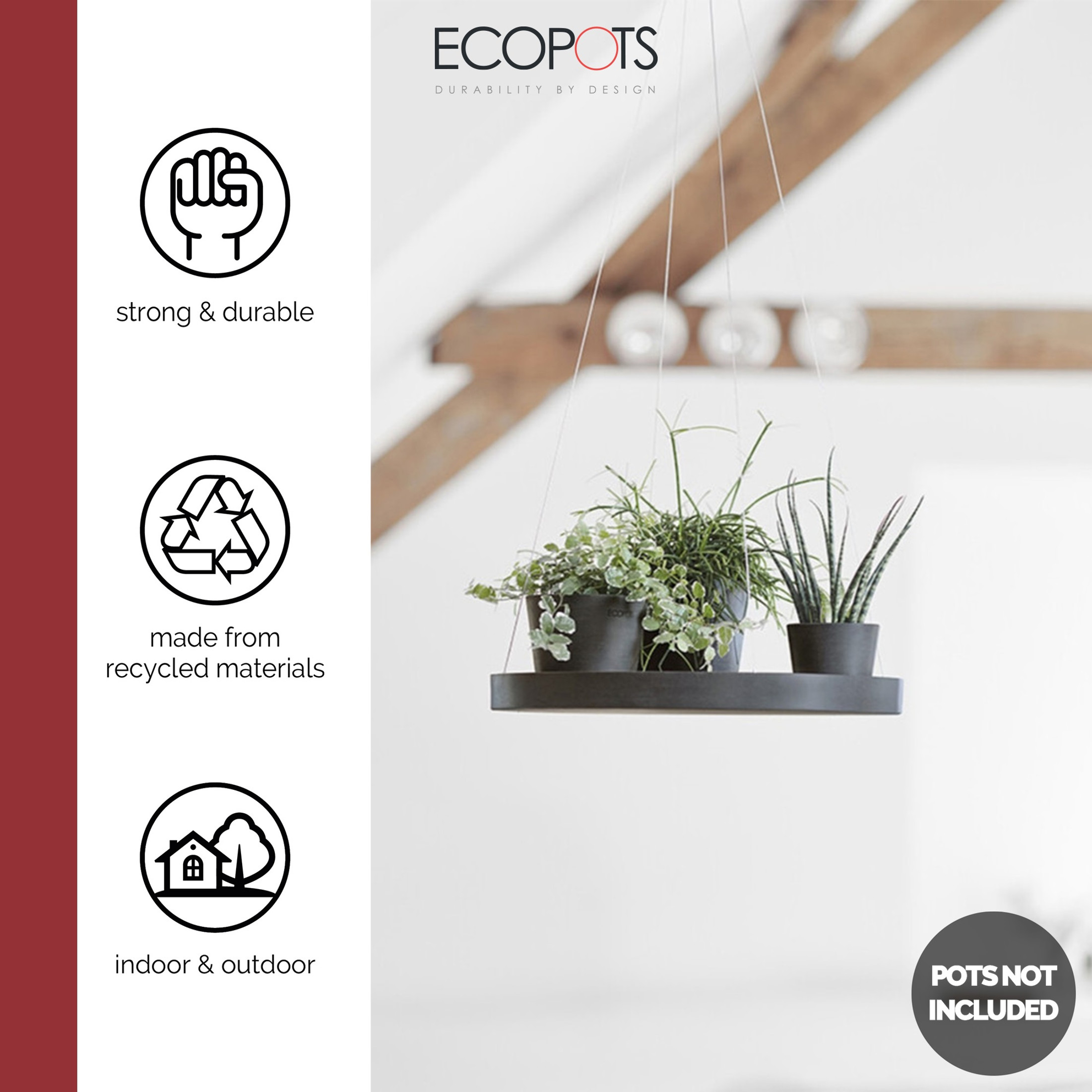 Ecopots Indoor/Outdoor Round Recycled Plastic Modern Hanging Saucer, 14"