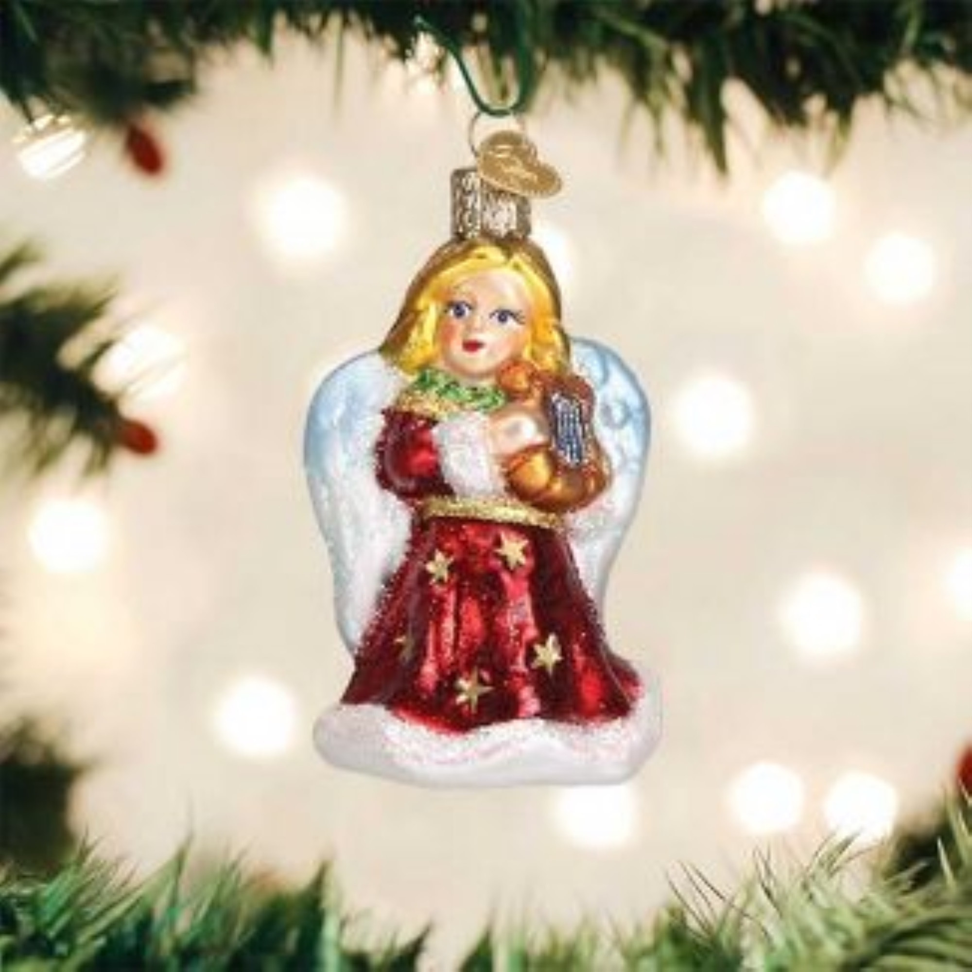 Old World Christmas Blown Glass Ornament for Christmas Tree, Red Angel Holding Lyre