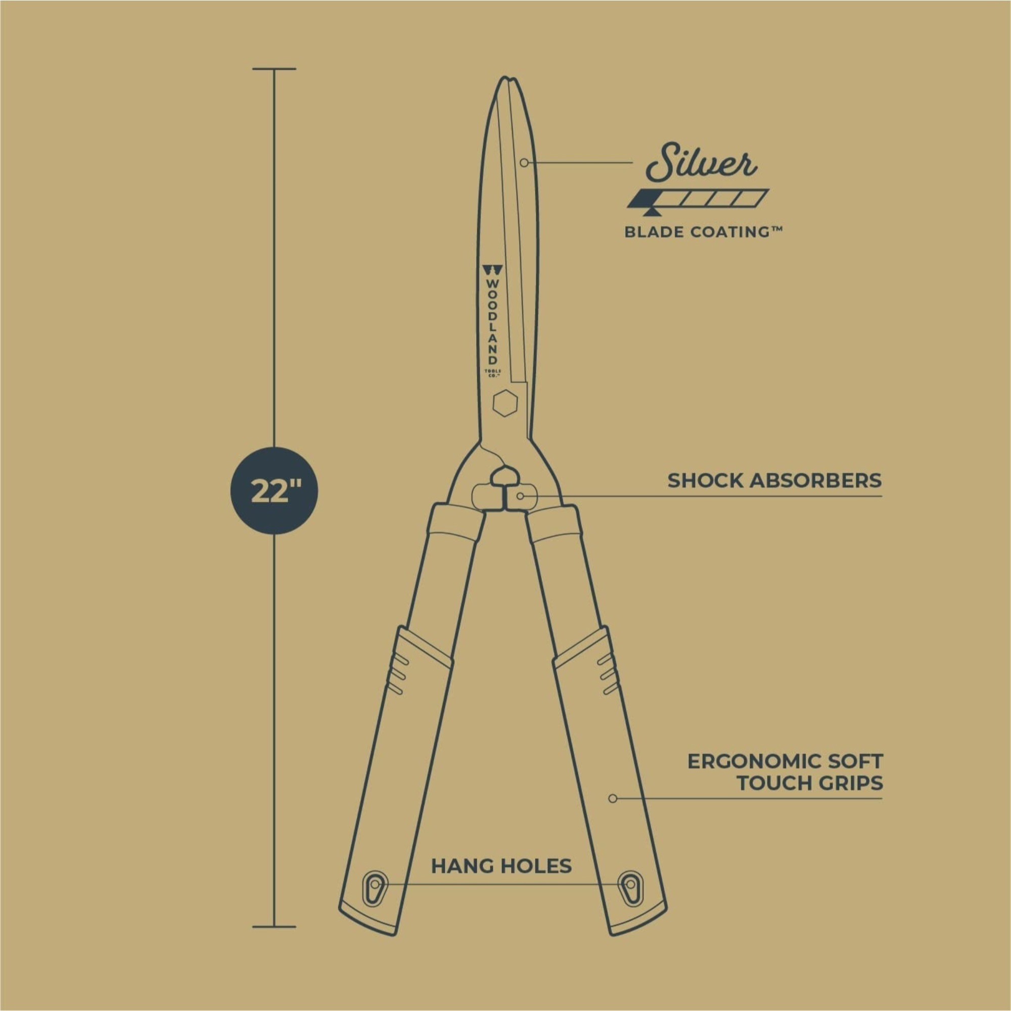 Woodland Tools Carbon Steel Bypass Hedge Shear with Ergonomic Handles, 22"