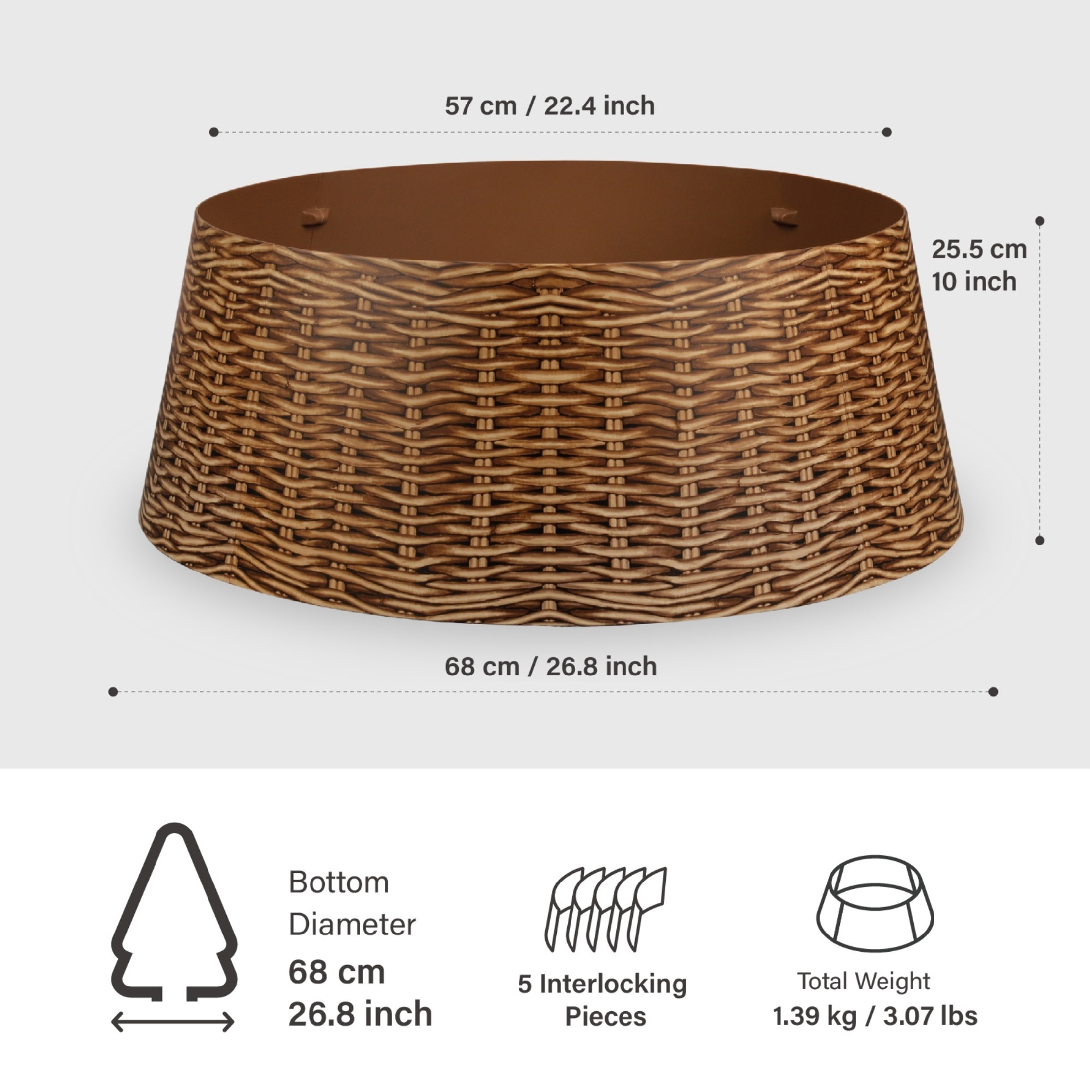 Tree Nest Christmas Live/Artificial Christmas Plastic Weaved Basket Design Tree Stand Collar Skirt Decoration, Brown, Large (REBOXED)