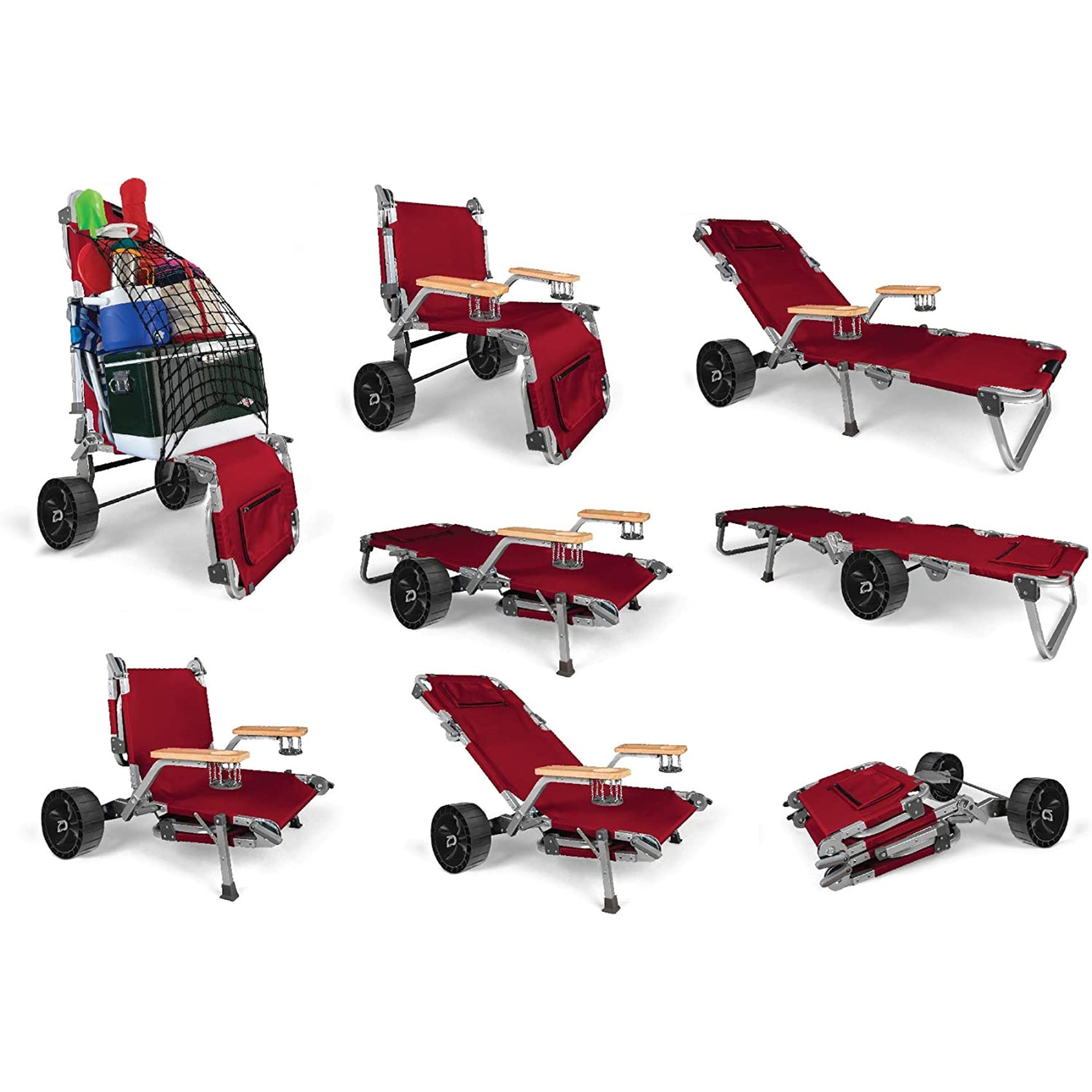 The Wanderr by OME Gear- 5 in 1 Transformable Unit, Hauling Cart, Beach Chair, Camp Chair, Reclinable Lounger, and Camping Cot, Fire Red
