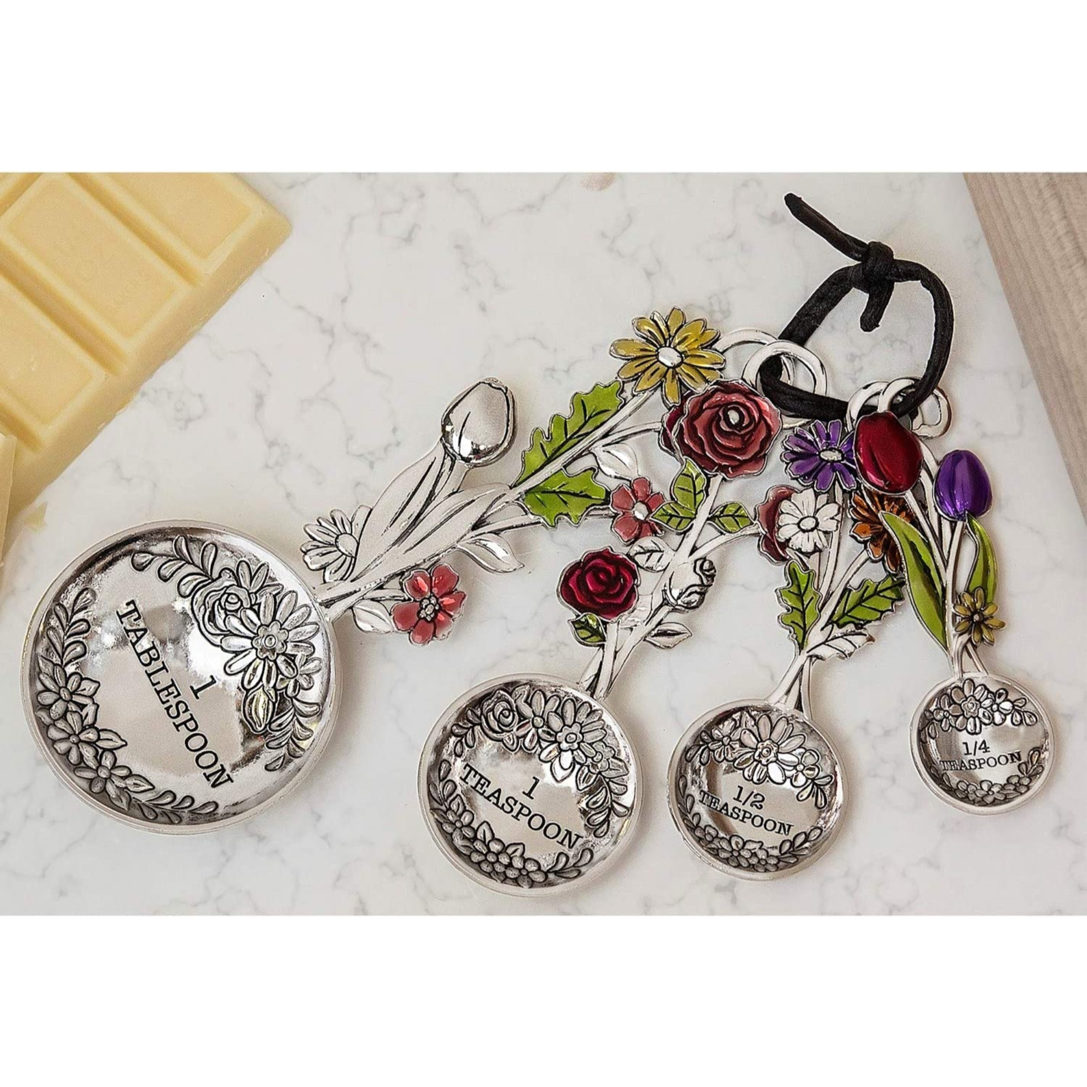 Ganz 4-Piece Zinc Alloy Measuring Spoon Set For Kitchen, Colorful Floral Bouquet