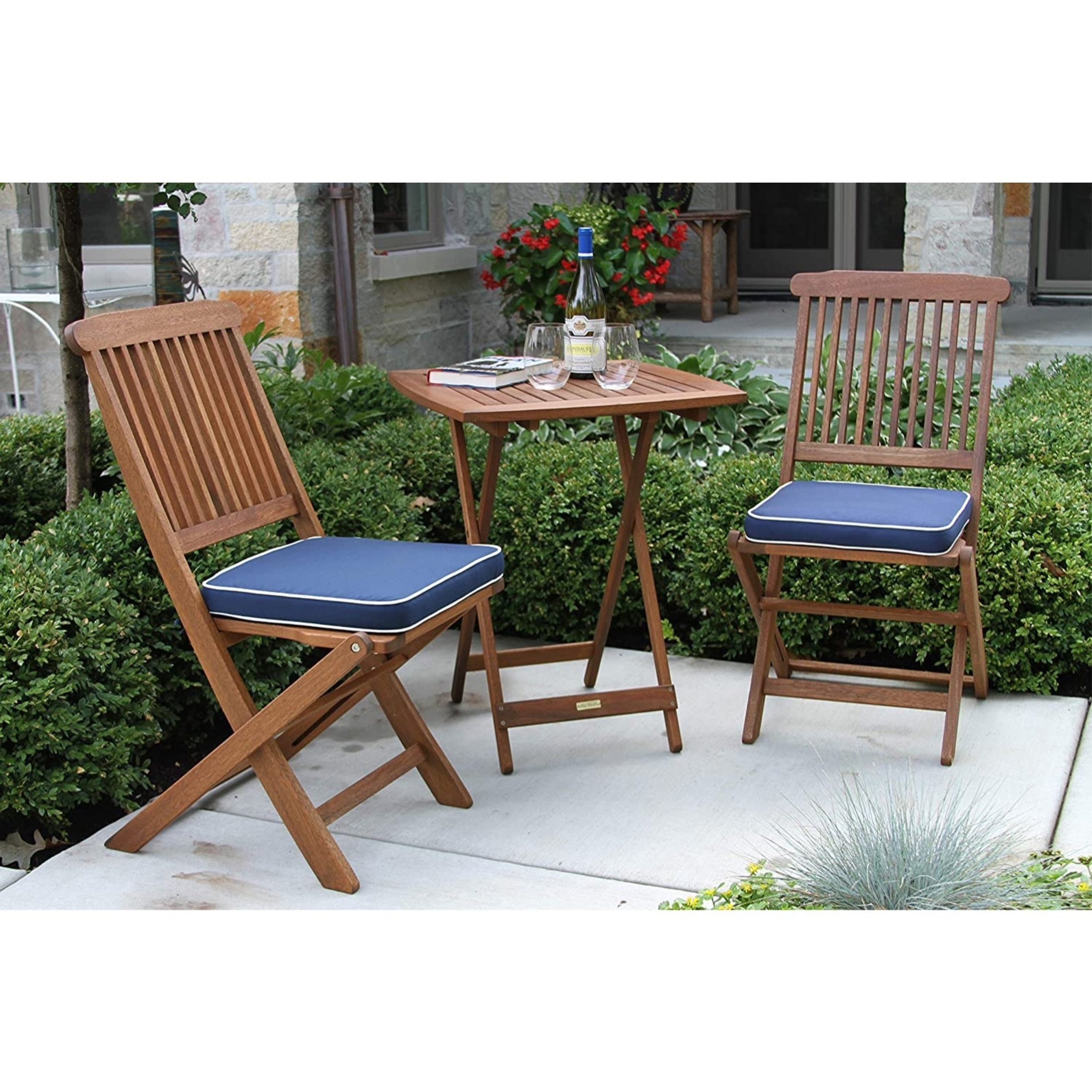 Outdoor Interiors Eucalyptus Wood 3-Piece Square Foldable Bistro Outdoor Furniture Patio Set, Table and 2 Chairs with Cushions