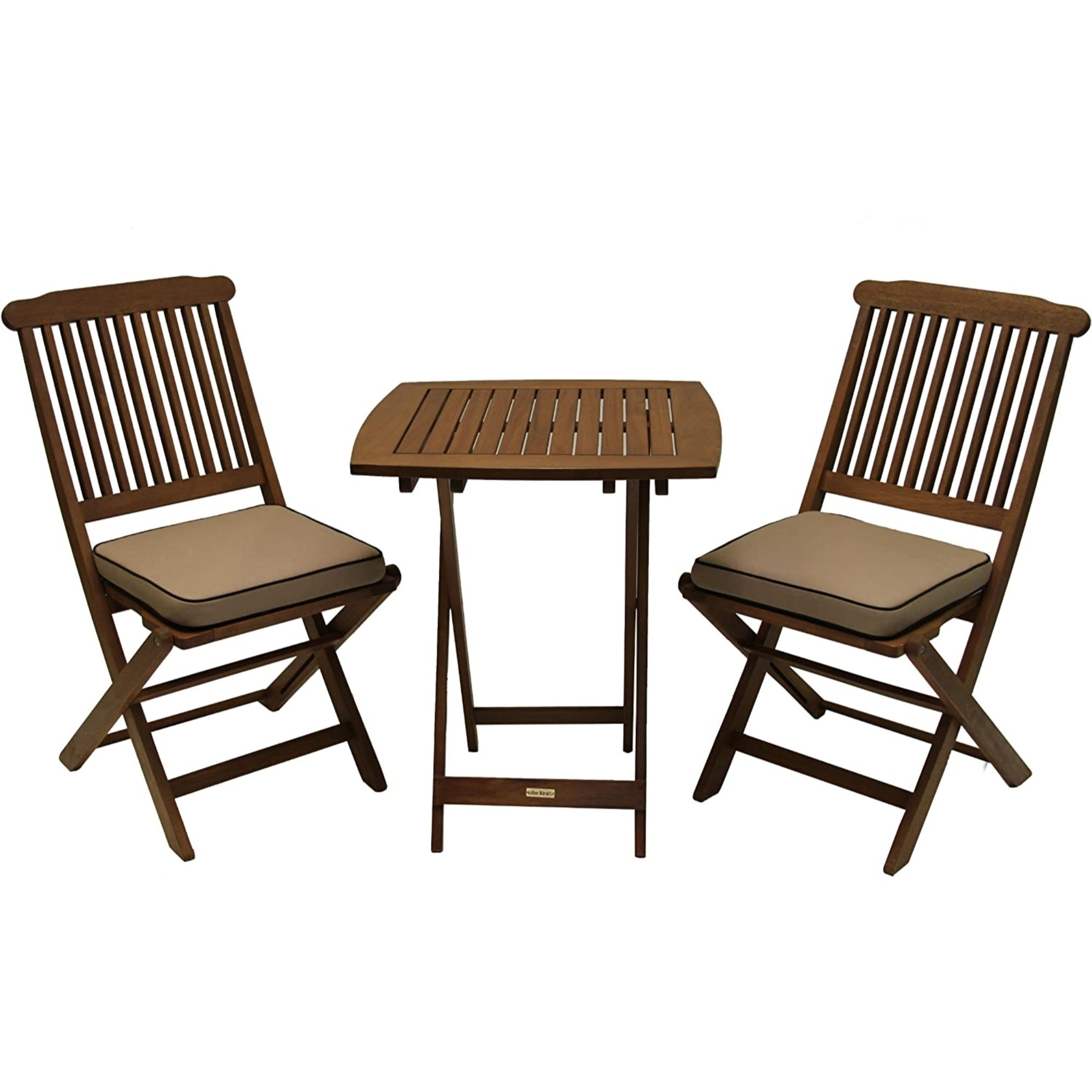 Outdoor Interiors Eucalyptus Wood 3-Piece Square Foldable Bistro Outdoor Furniture Patio Set, Table and 2 Chairs with Cushions