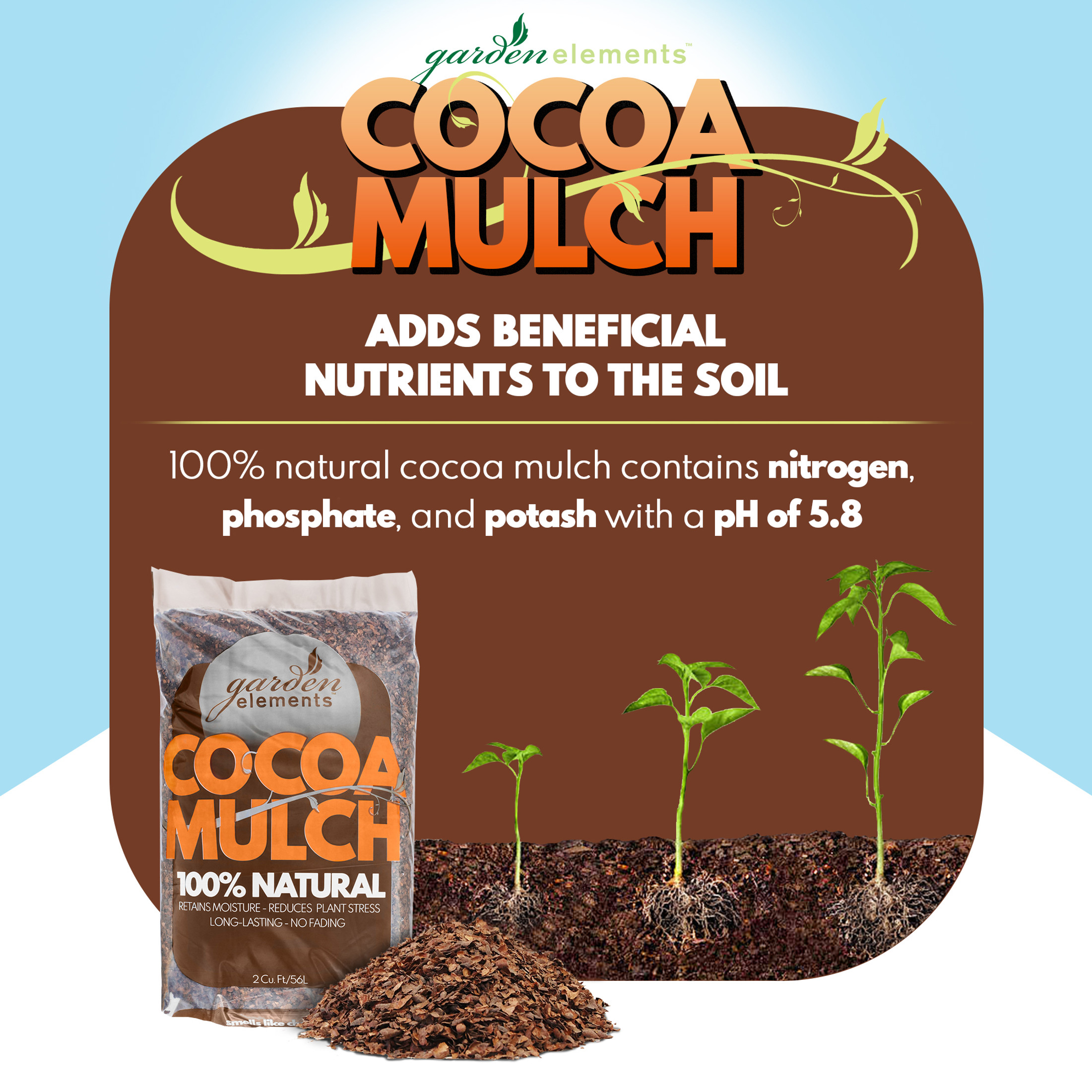 Garden Elements 100% Natural Cocoa Bean Shell Mulch for Gardens, Flower Beds, Potted Plants, Mulching 2 CF Bag